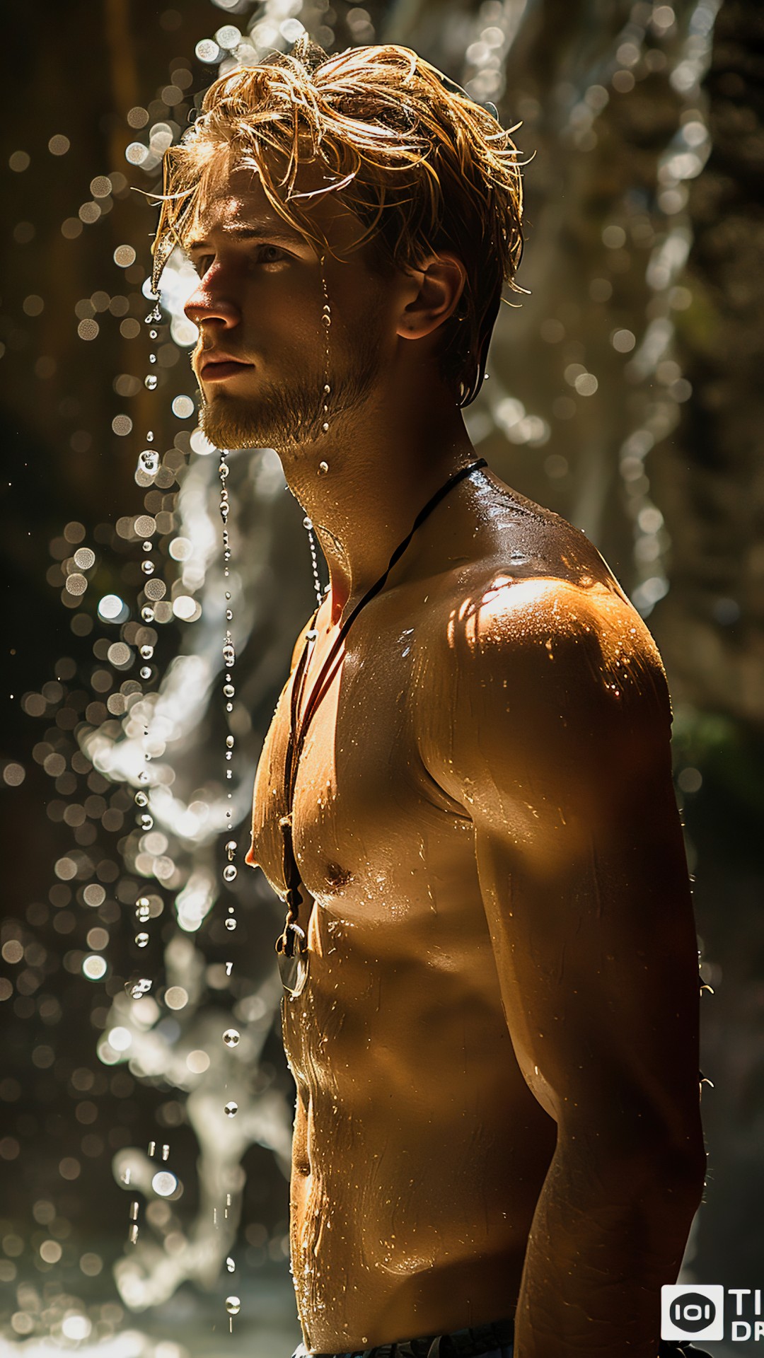 Muscular sporty blonde man under a waterfall