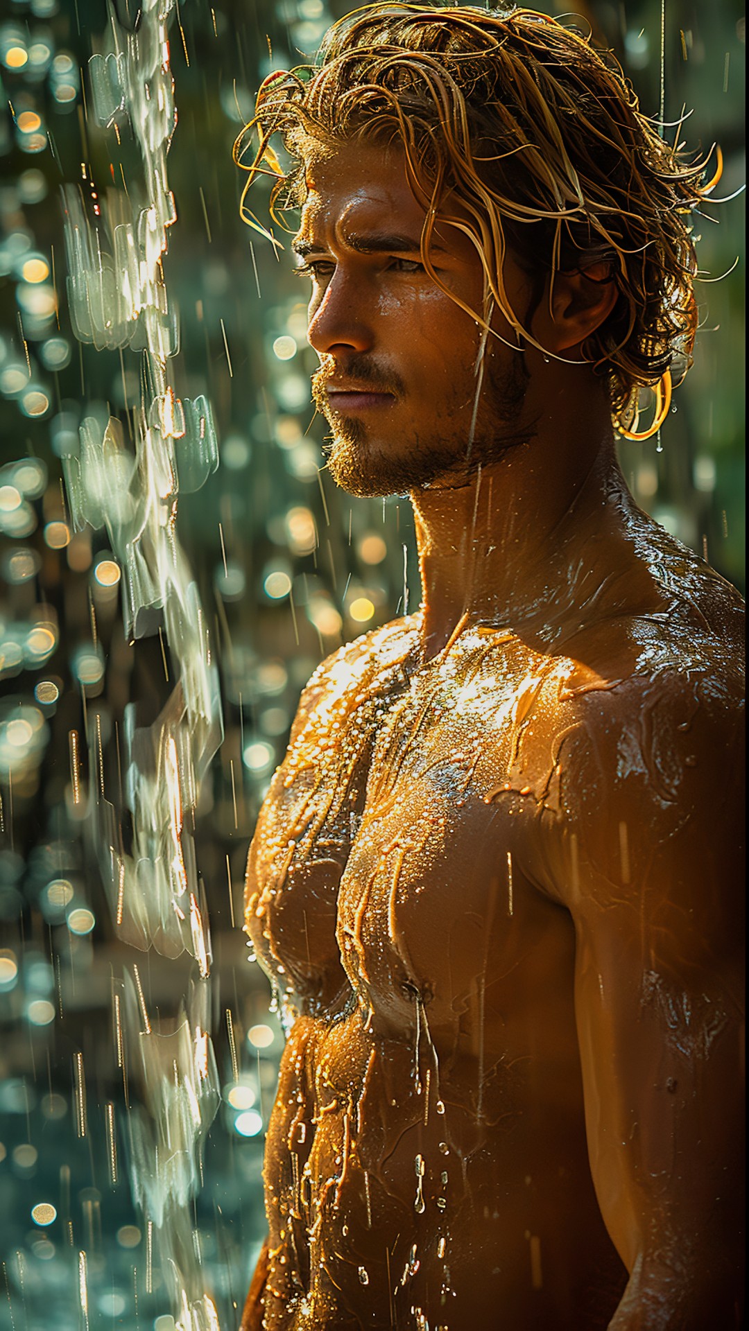Muscular sporty blonde man under a waterfall