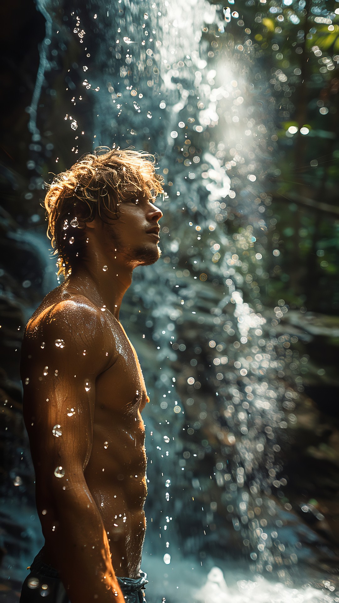 Muscular sporty blonde man under a waterfall