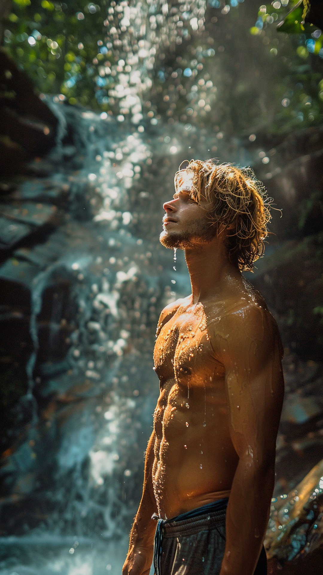 Muscular sporty blonde man under a waterfall