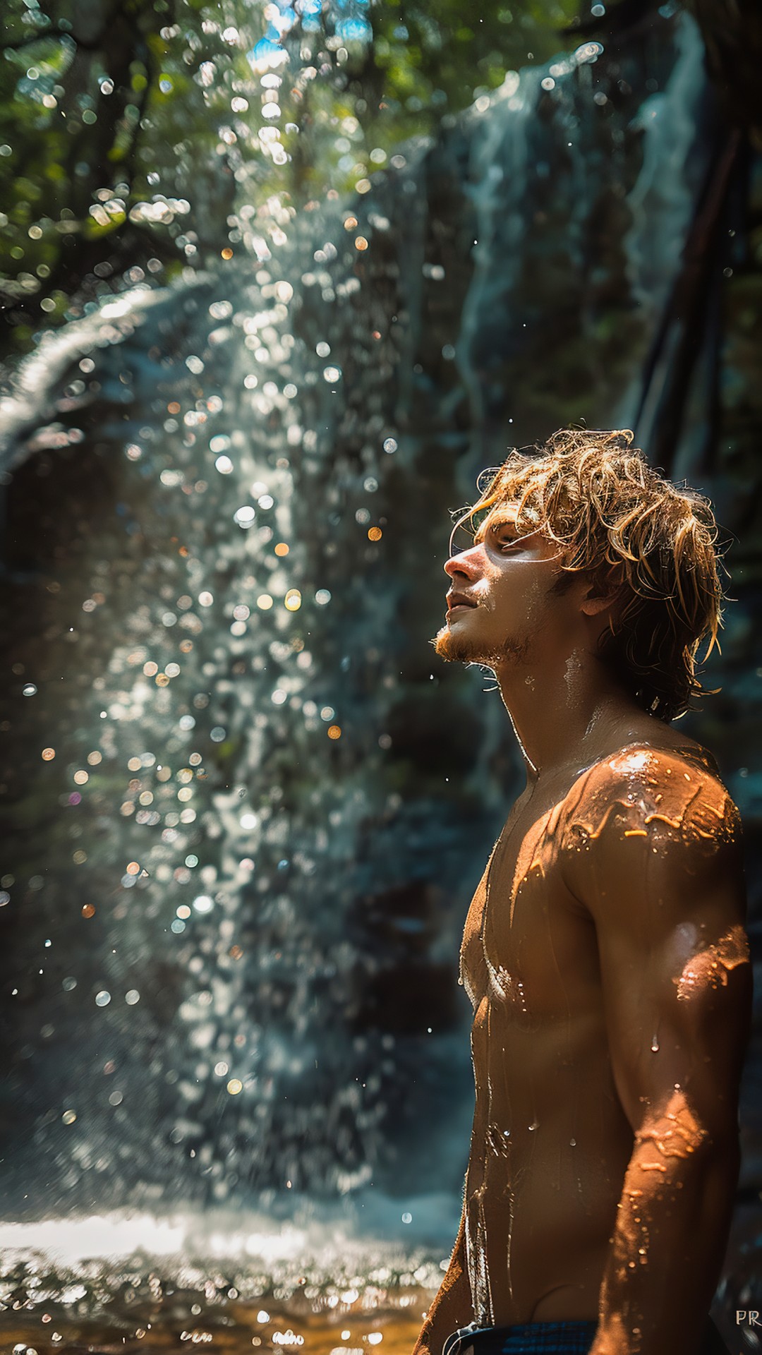 Muscular sporty blonde man under a waterfall