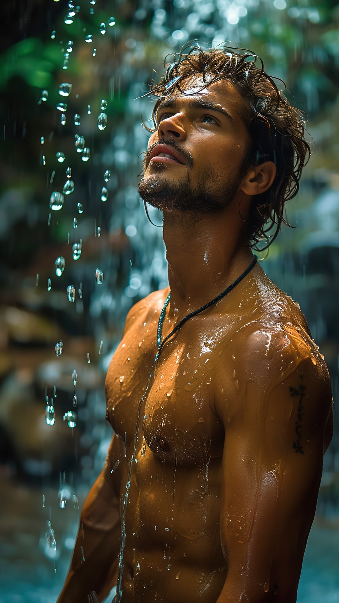 Muscular sporty latin man under a waterfall