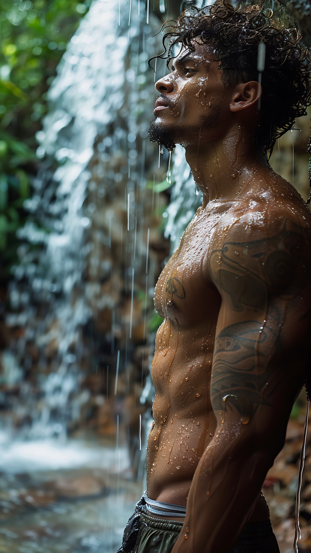 Muscular sporty latin man under a waterfall