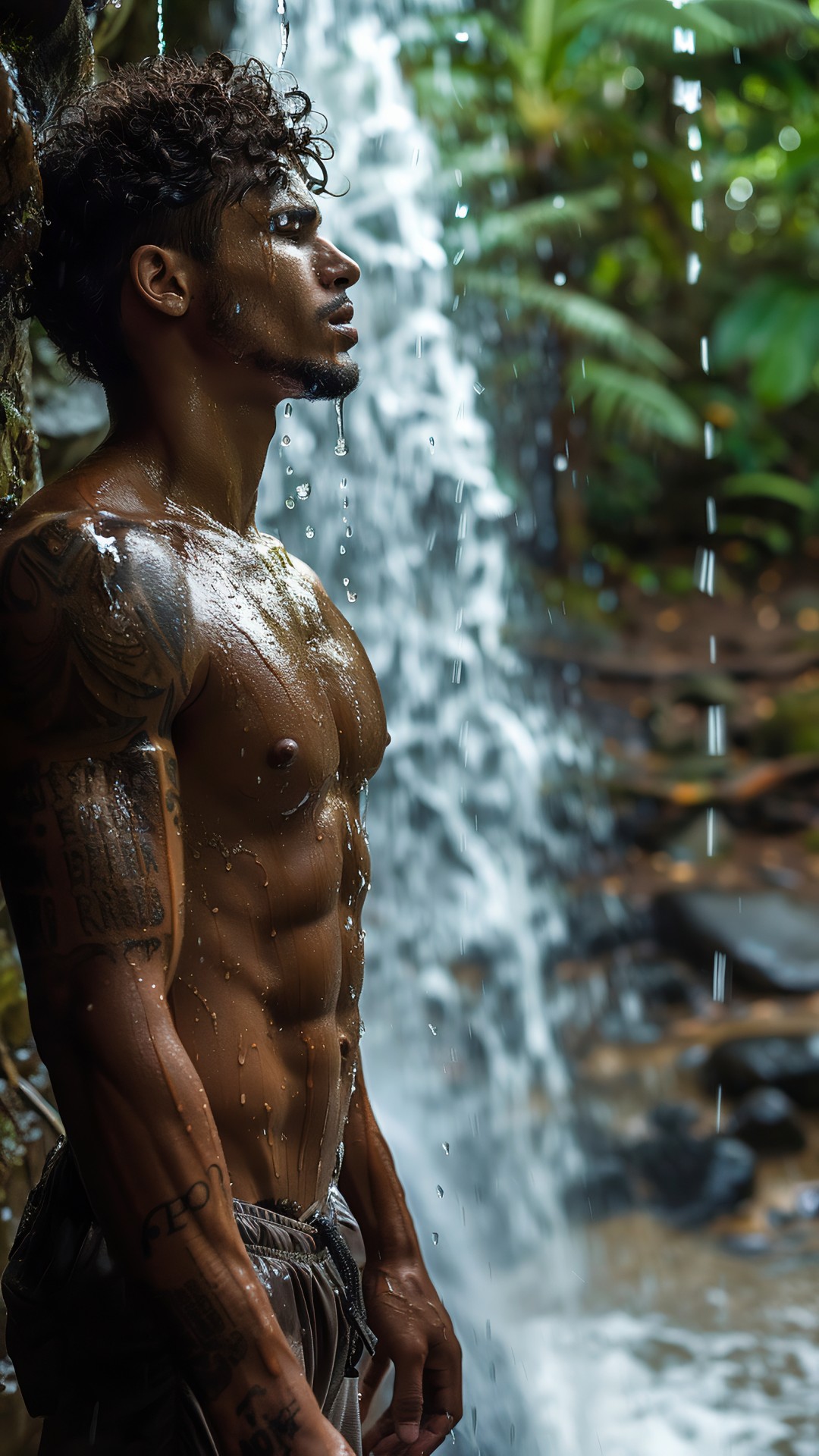 Muscular sporty latin man under a waterfall