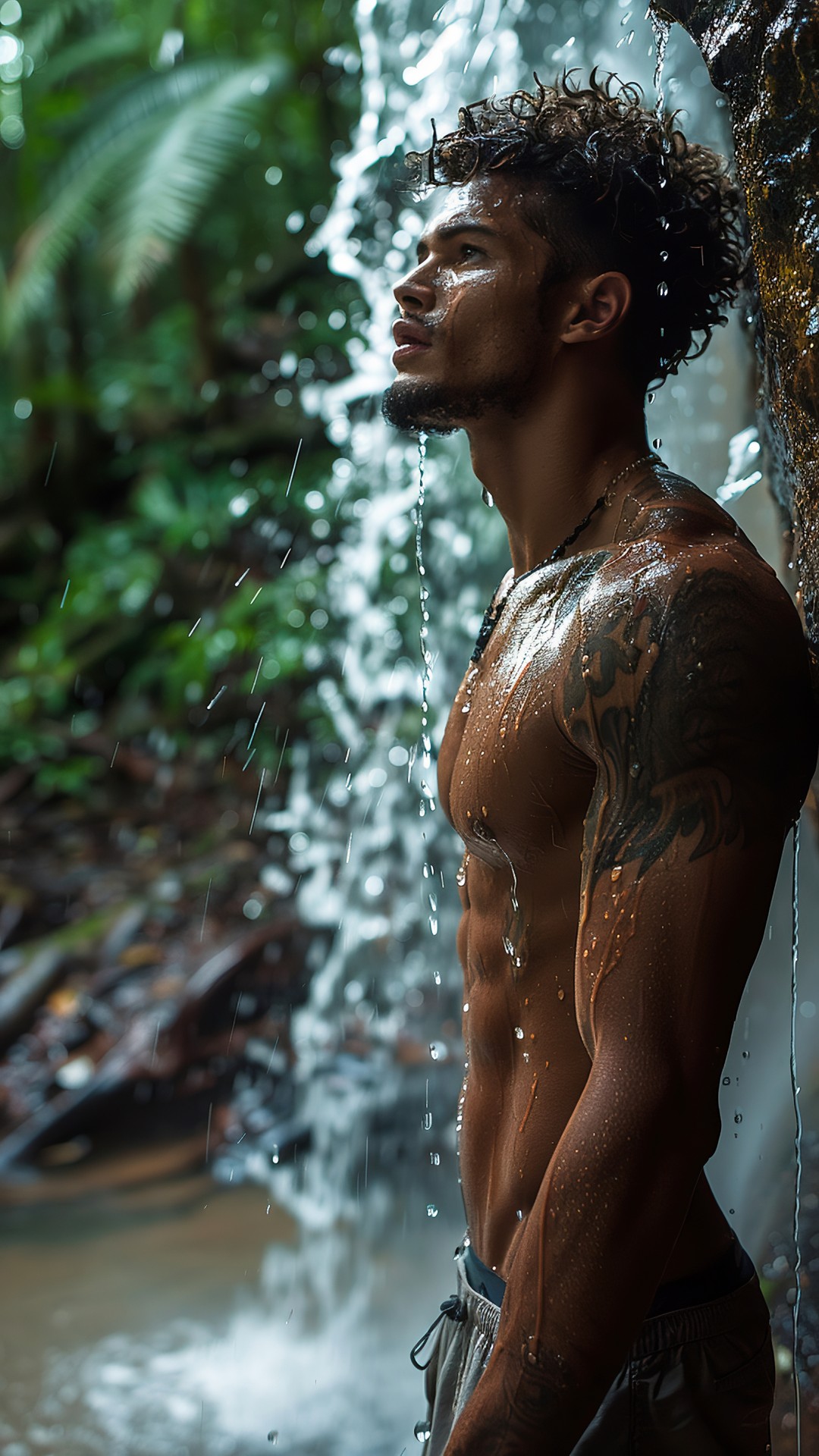 Muscular sporty latin man under a waterfall