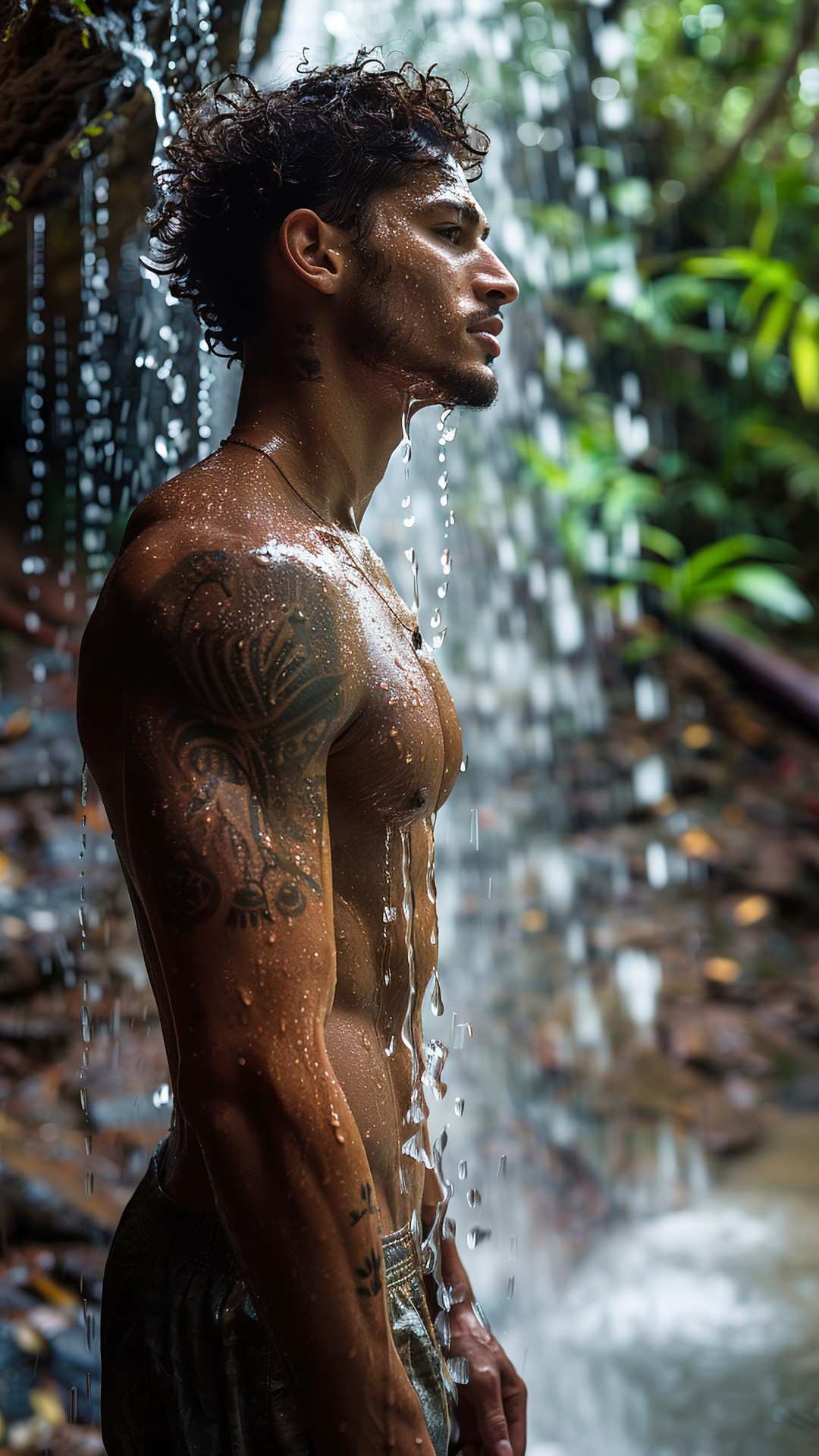 Muscular sporty latin man under a waterfall