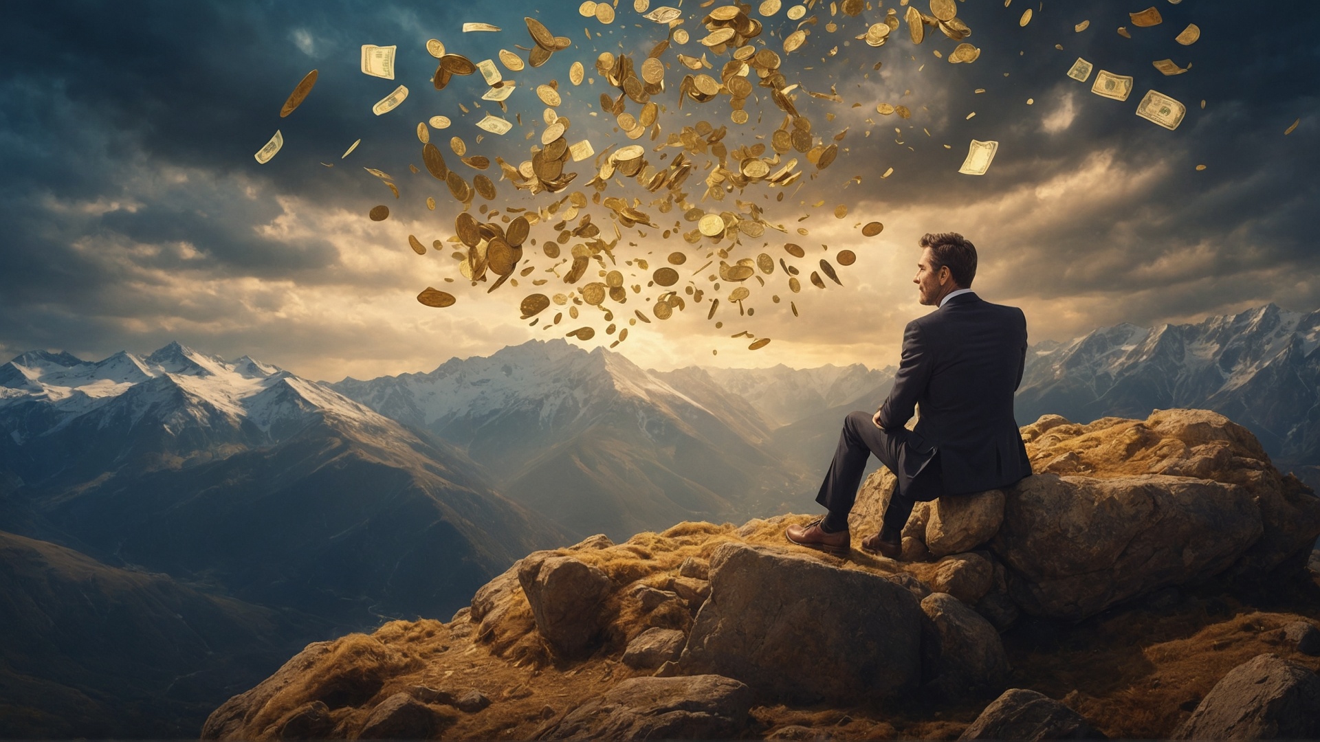 Man on mountain top with raining money