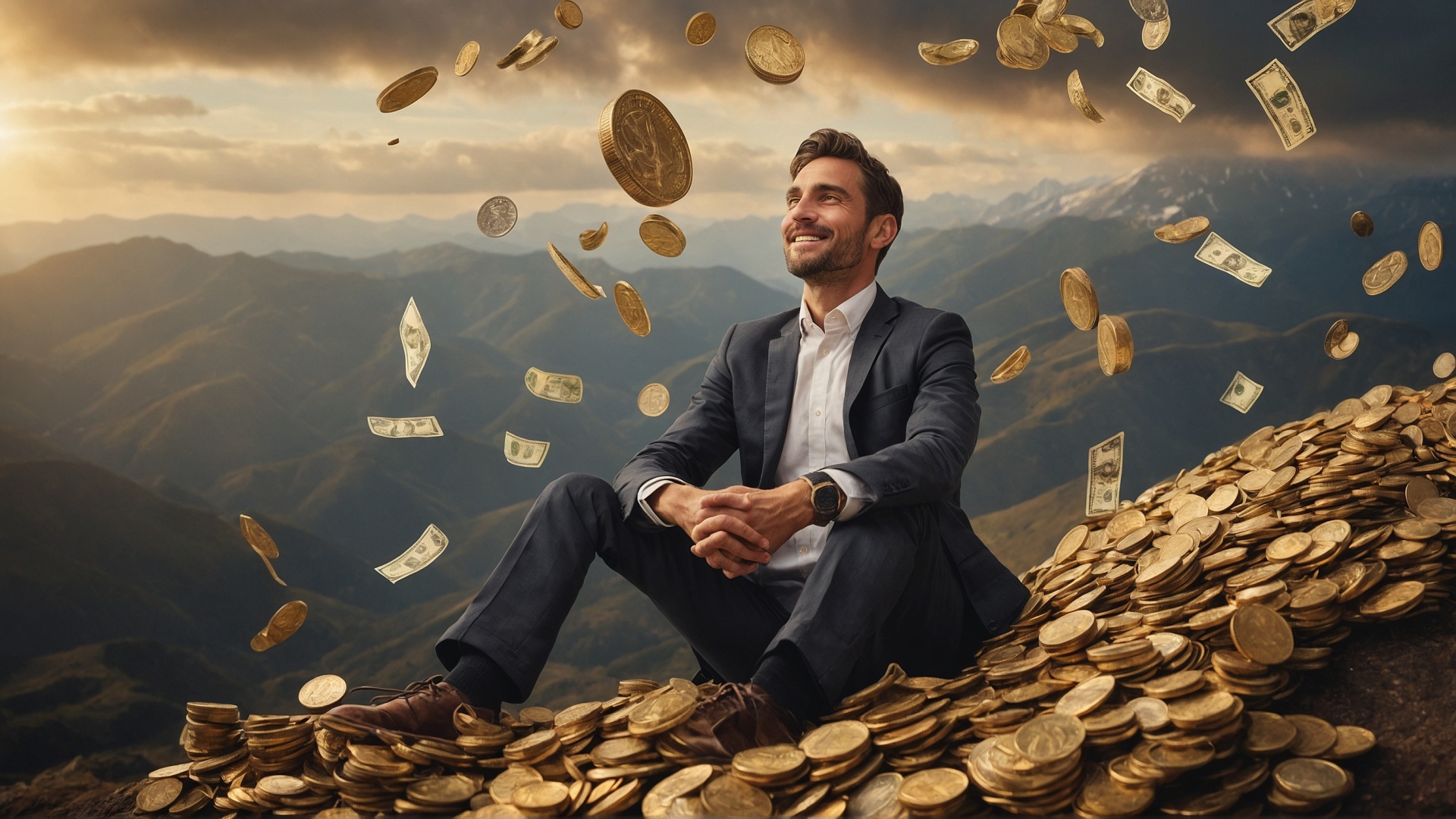 Man on mountain top with raining money
