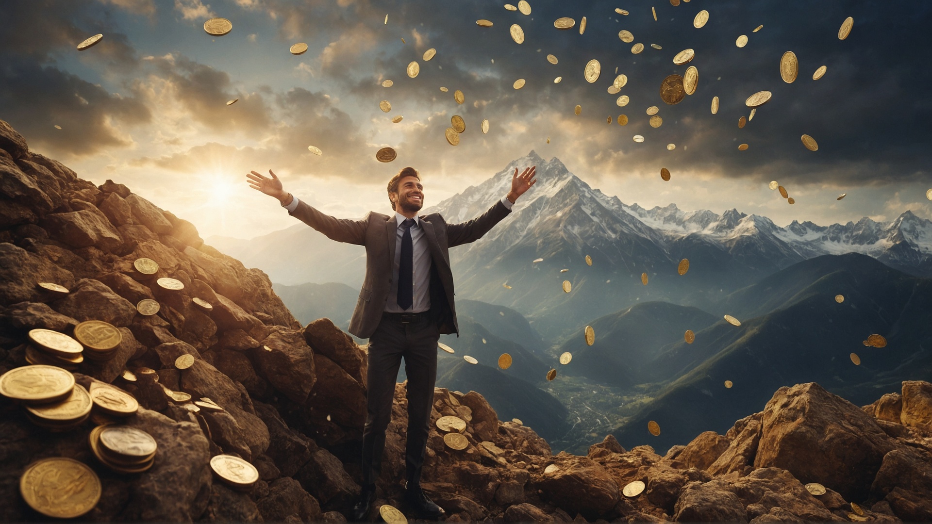 Man on mountain top with raining money