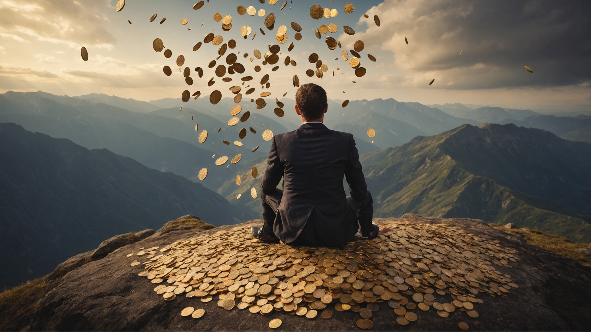 Man on mountain top with raining money