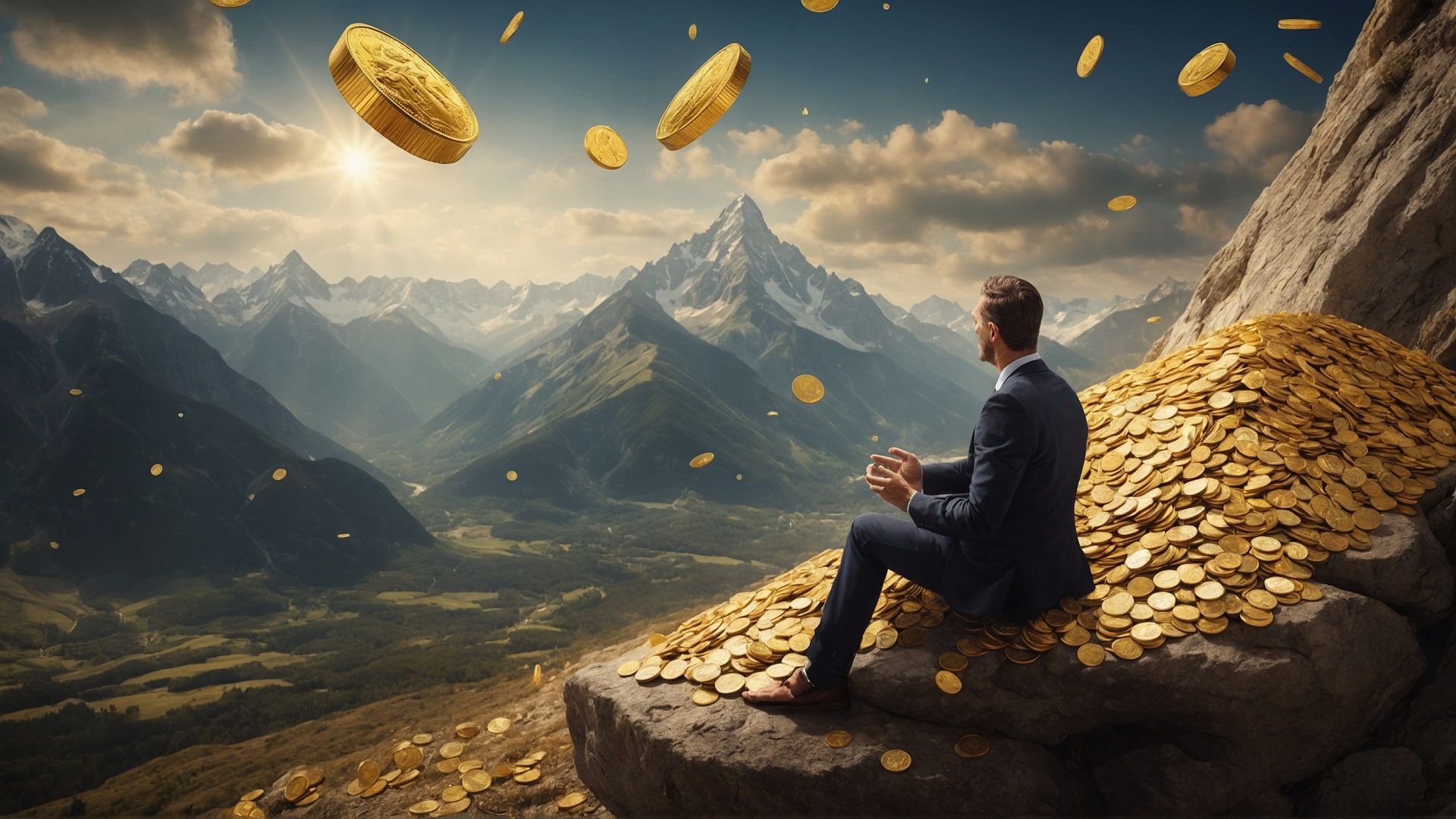 Man on mountain top with raining money