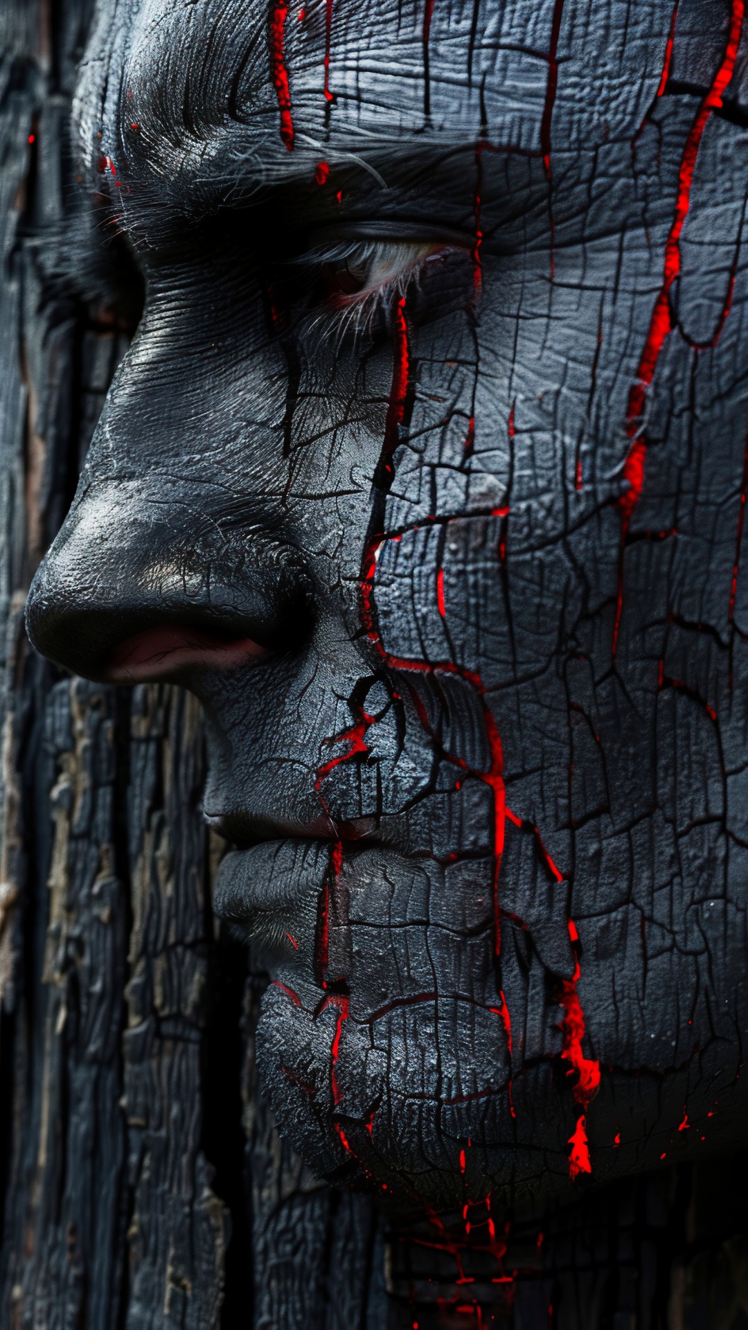 Black charred wood grained face