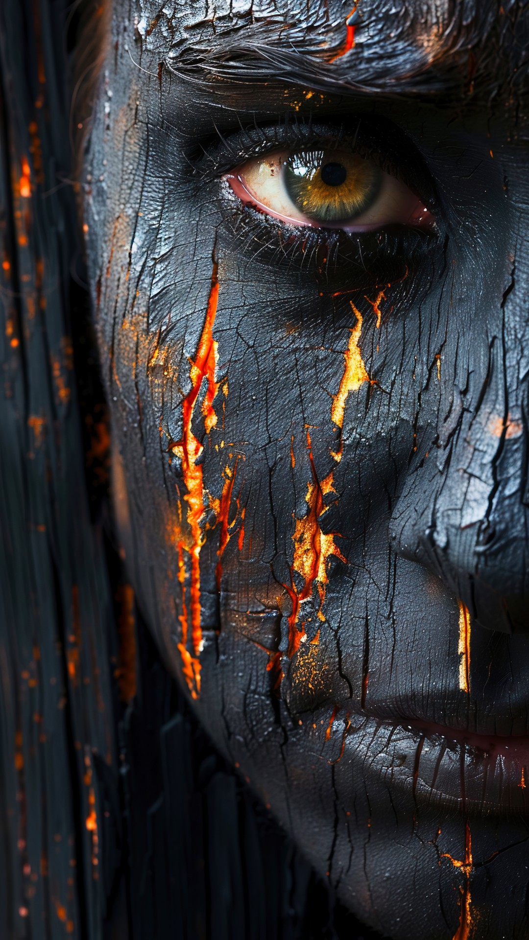 Black charred wood grained face