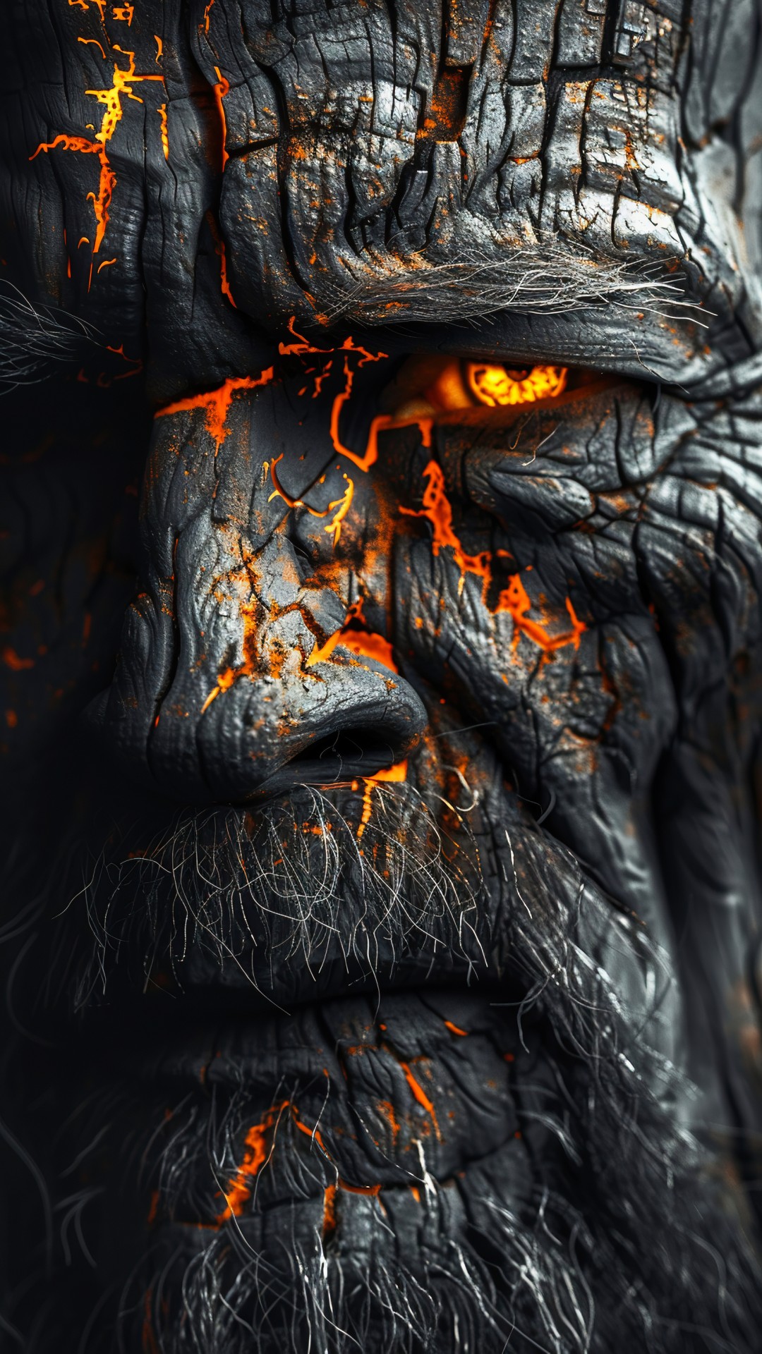 Black charred wood grained face