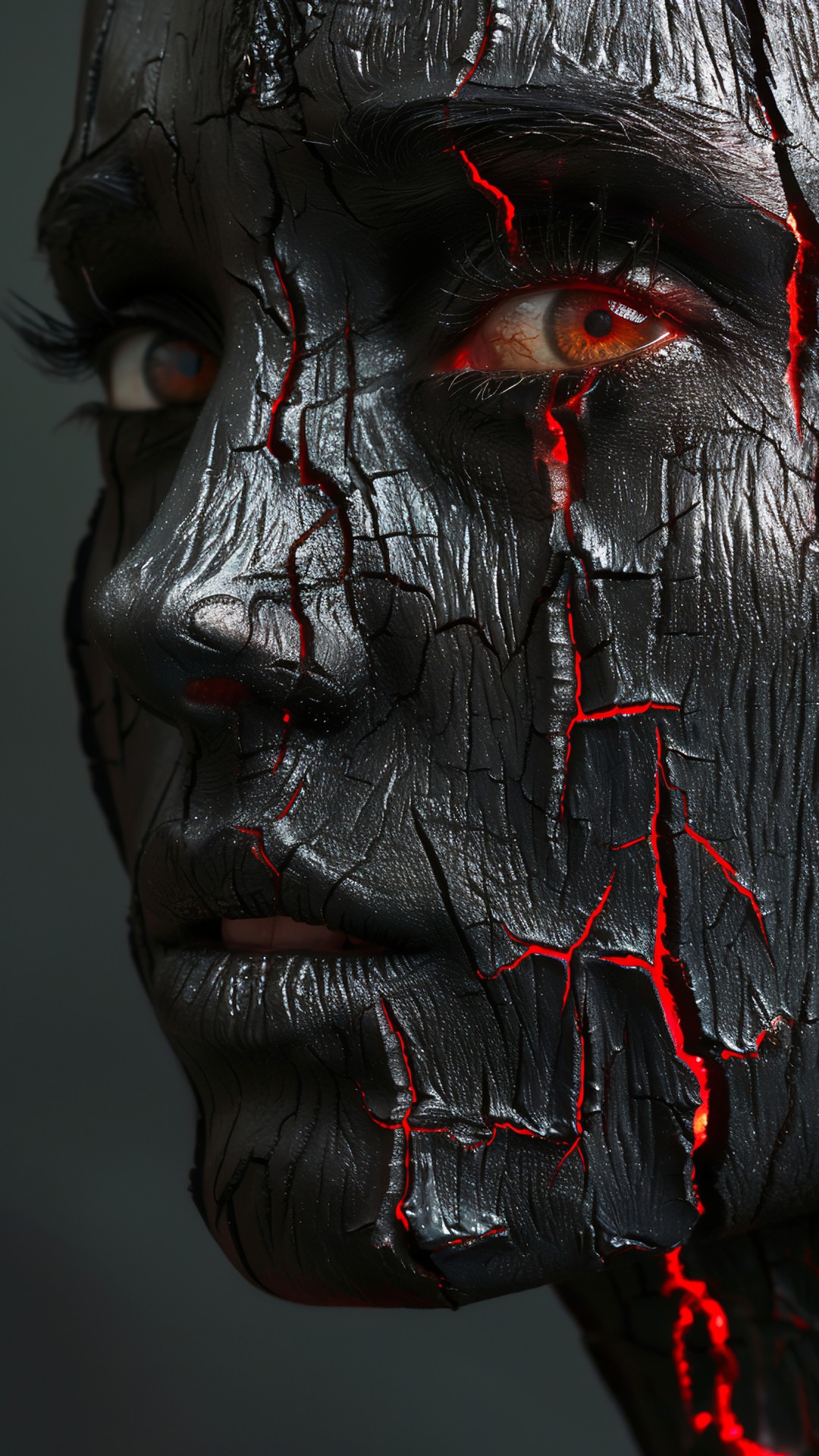 Black charred wood grained face