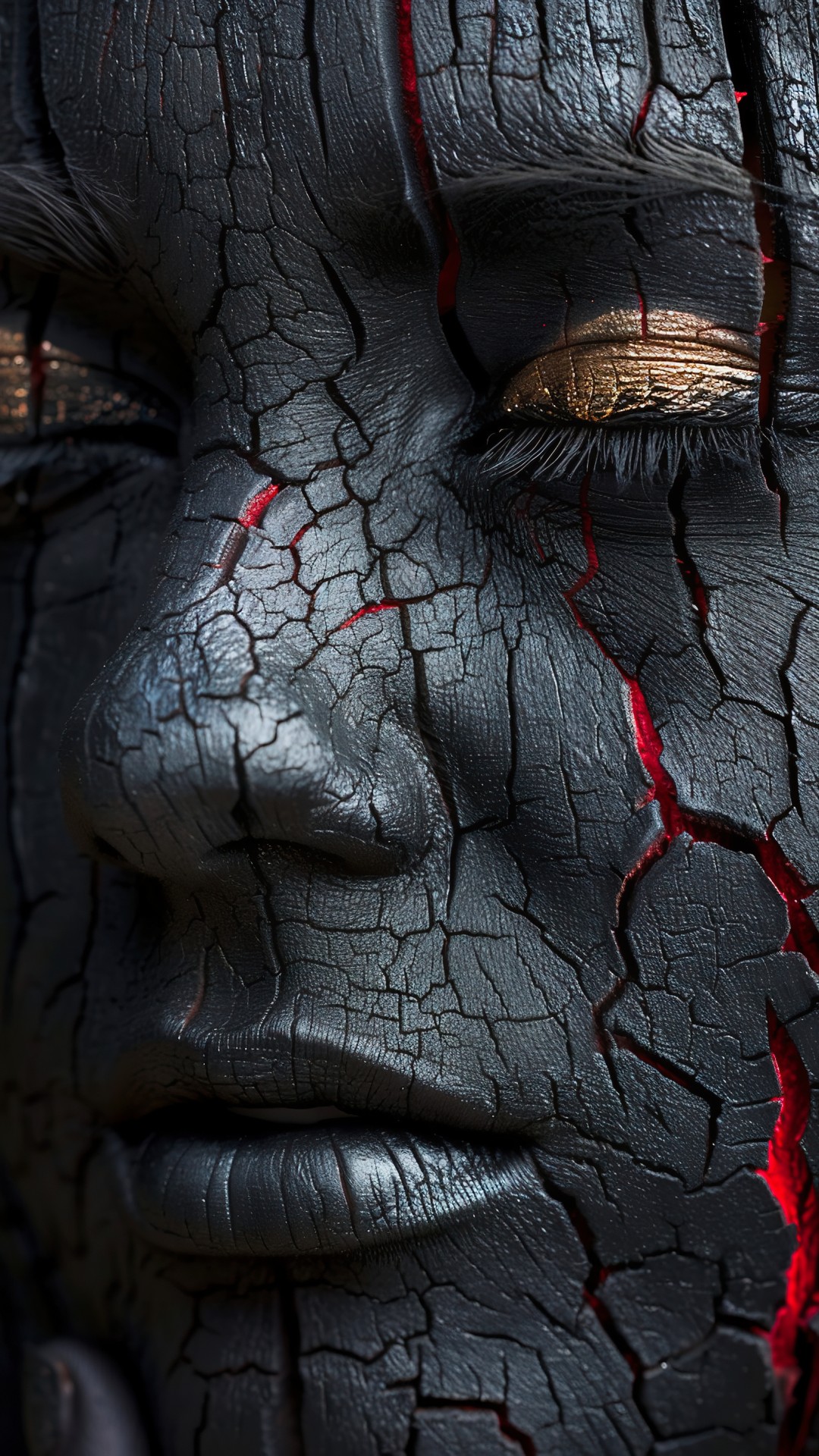 Black charred wood grained face