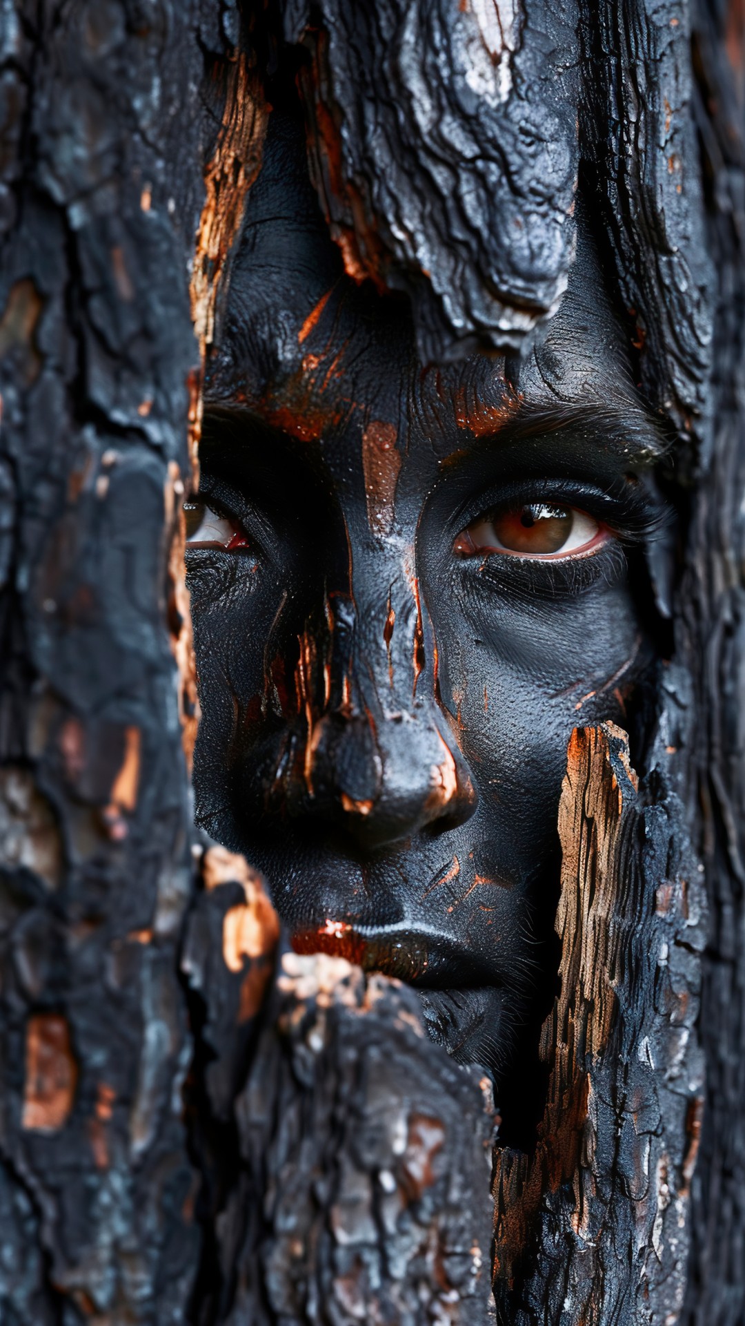 Black charred wood grained face