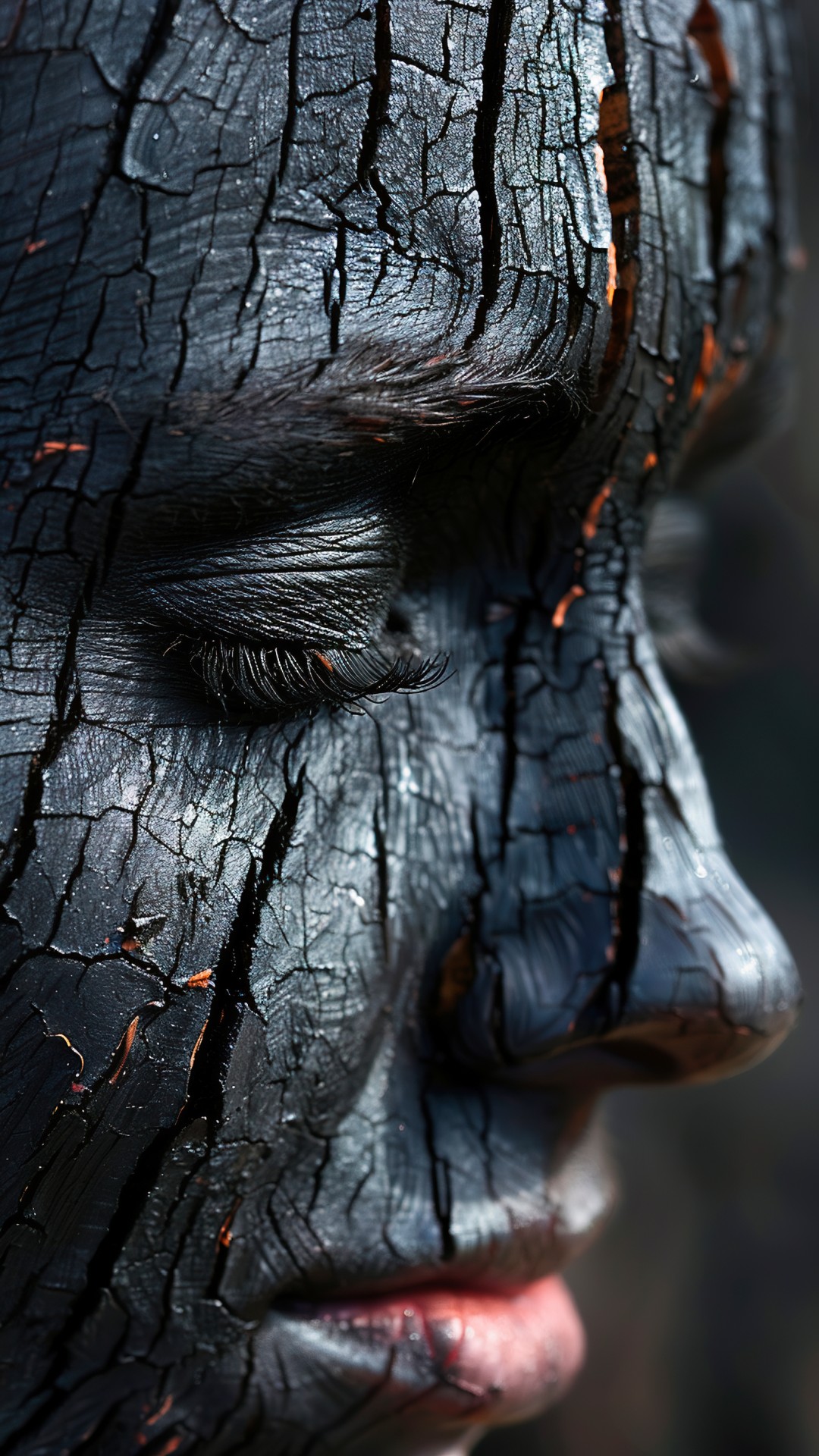 Black charred wood grained face