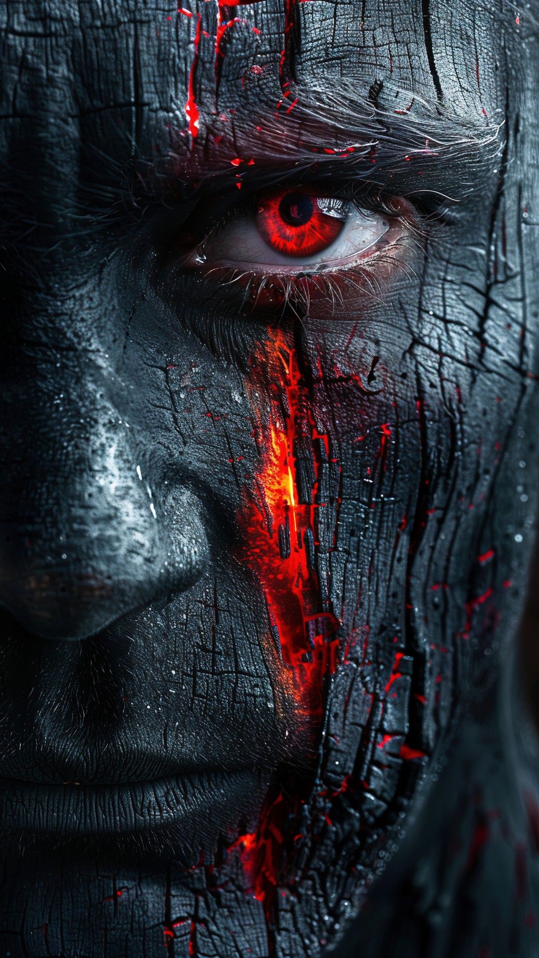 Black charred wood grained face