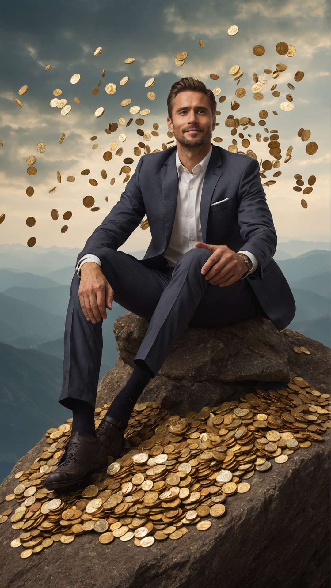 Man on mountain top with raining money
