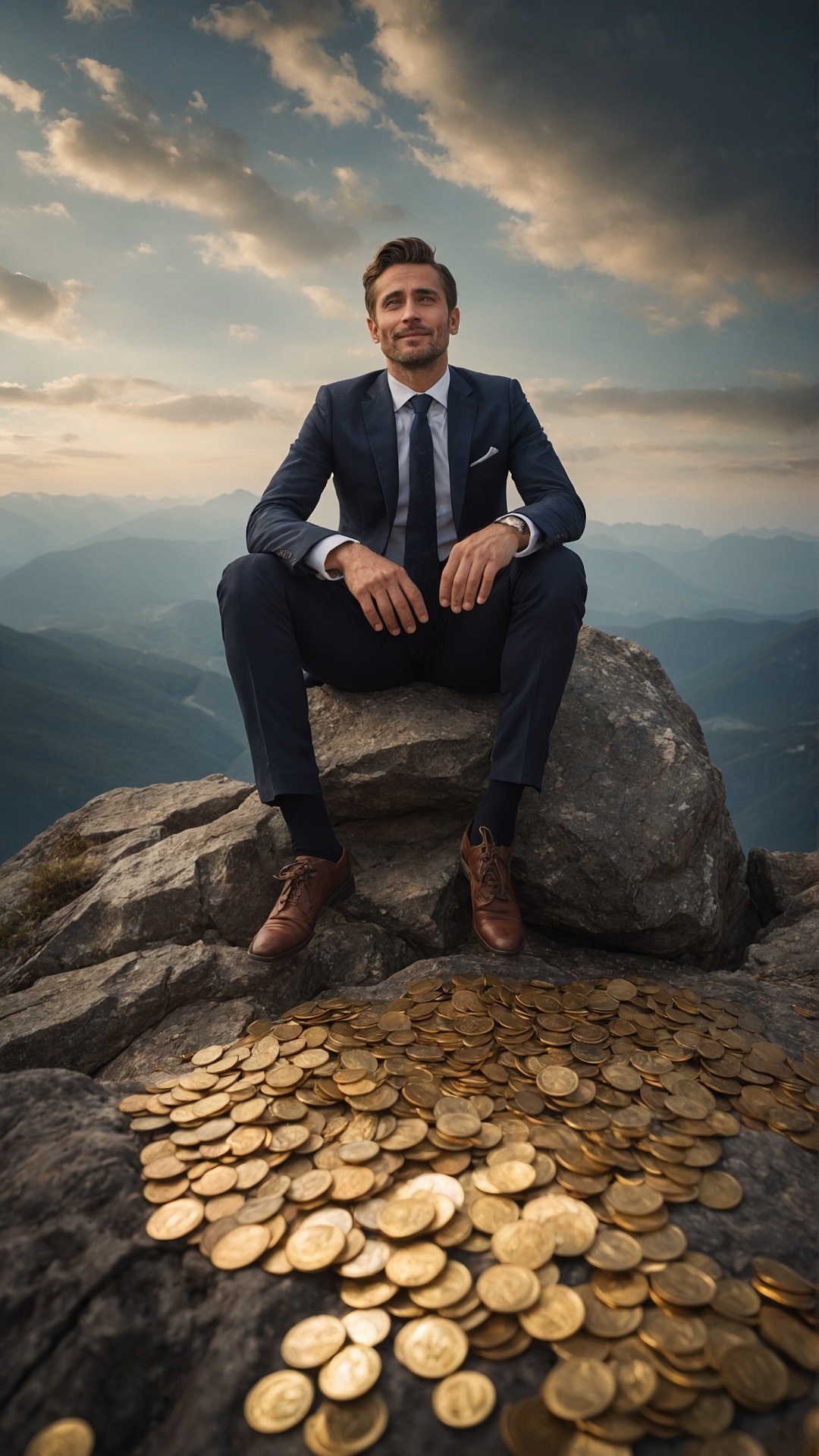 Man on mountain top with raining money