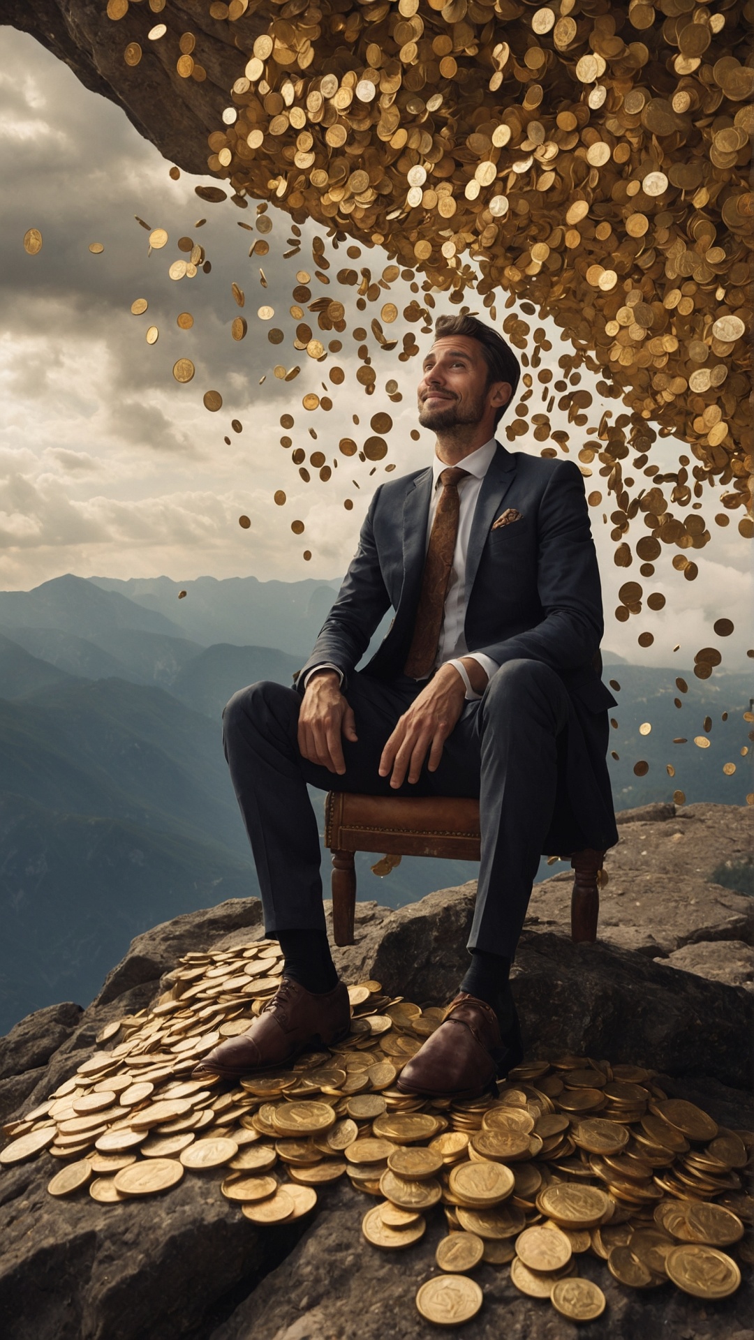Man on mountain top with raining money