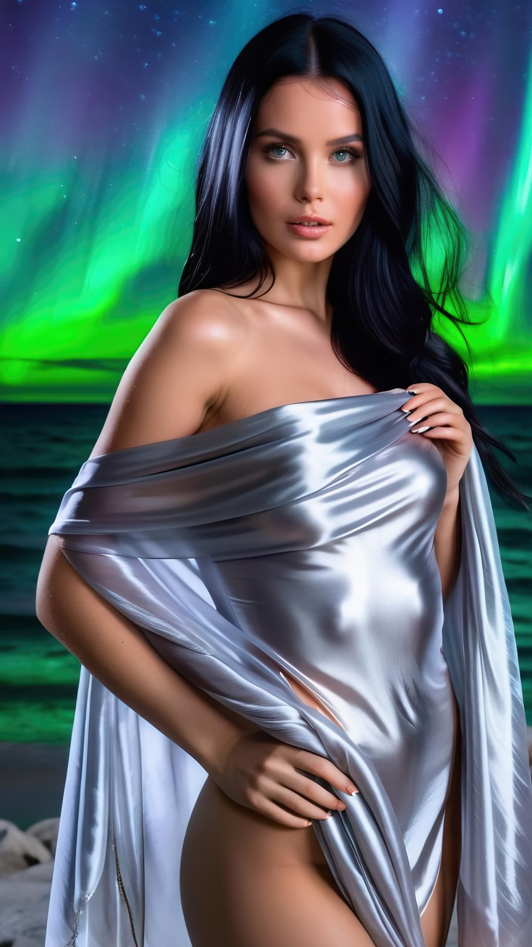 Woman with silver silk scarf