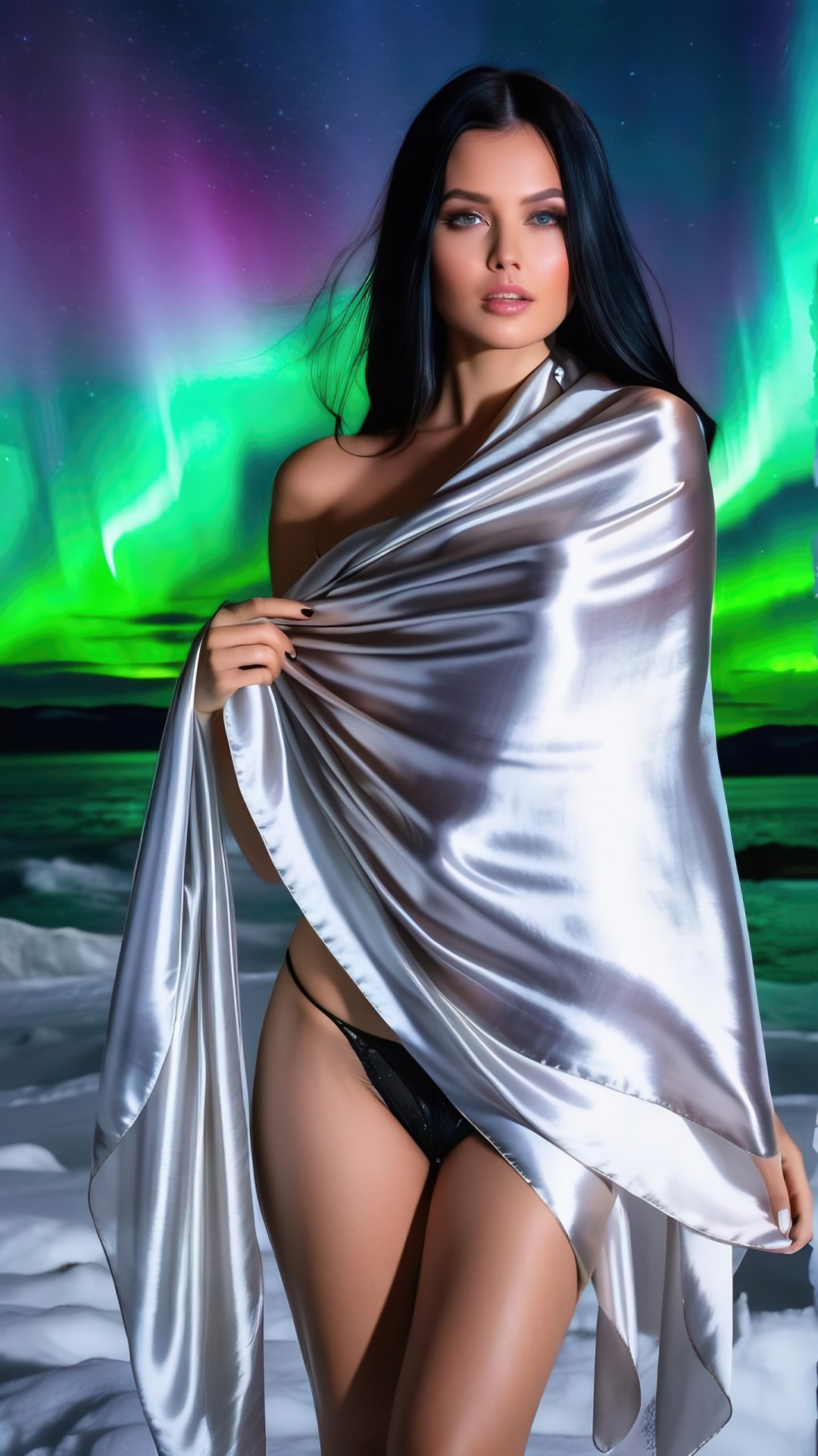Woman with silver silk scarf