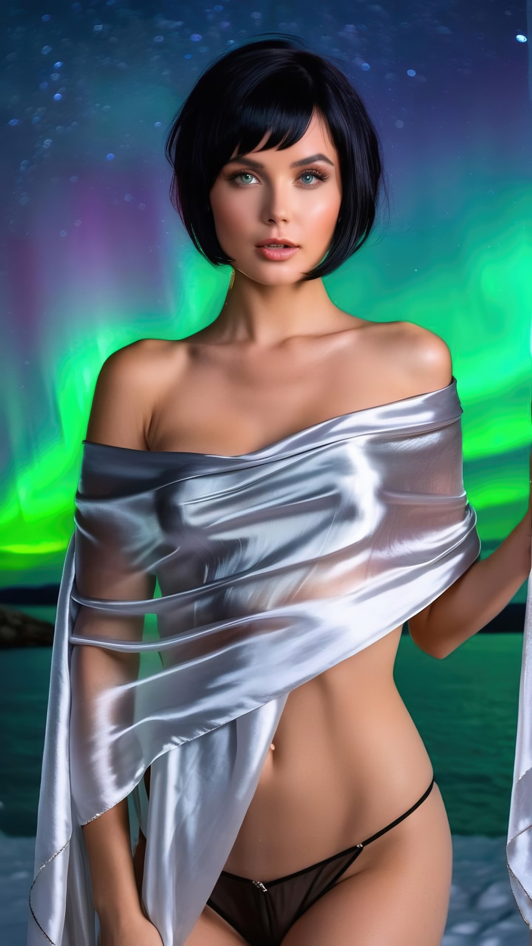 Woman with silver silk scarf
