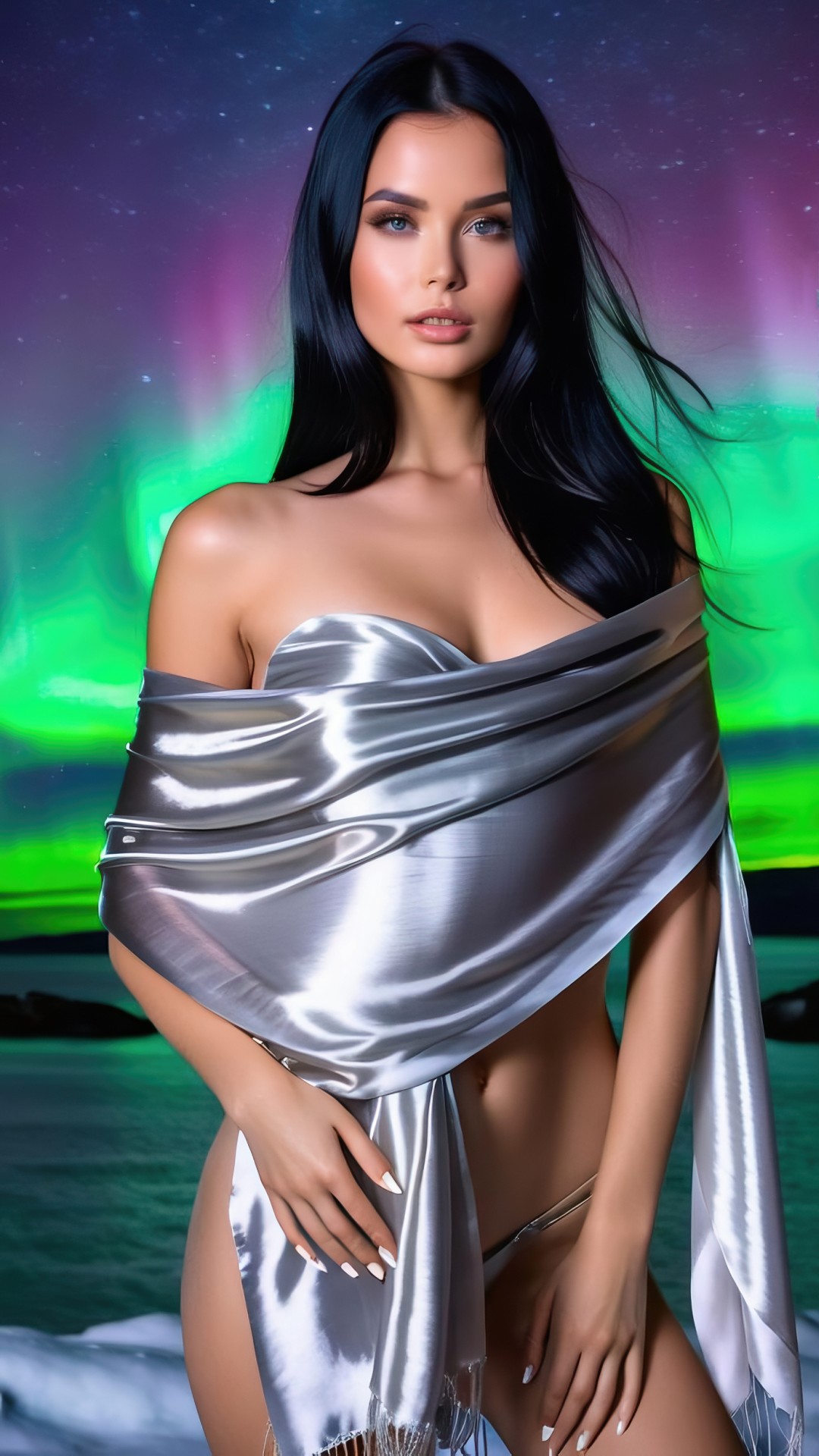 Woman with silver silk scarf