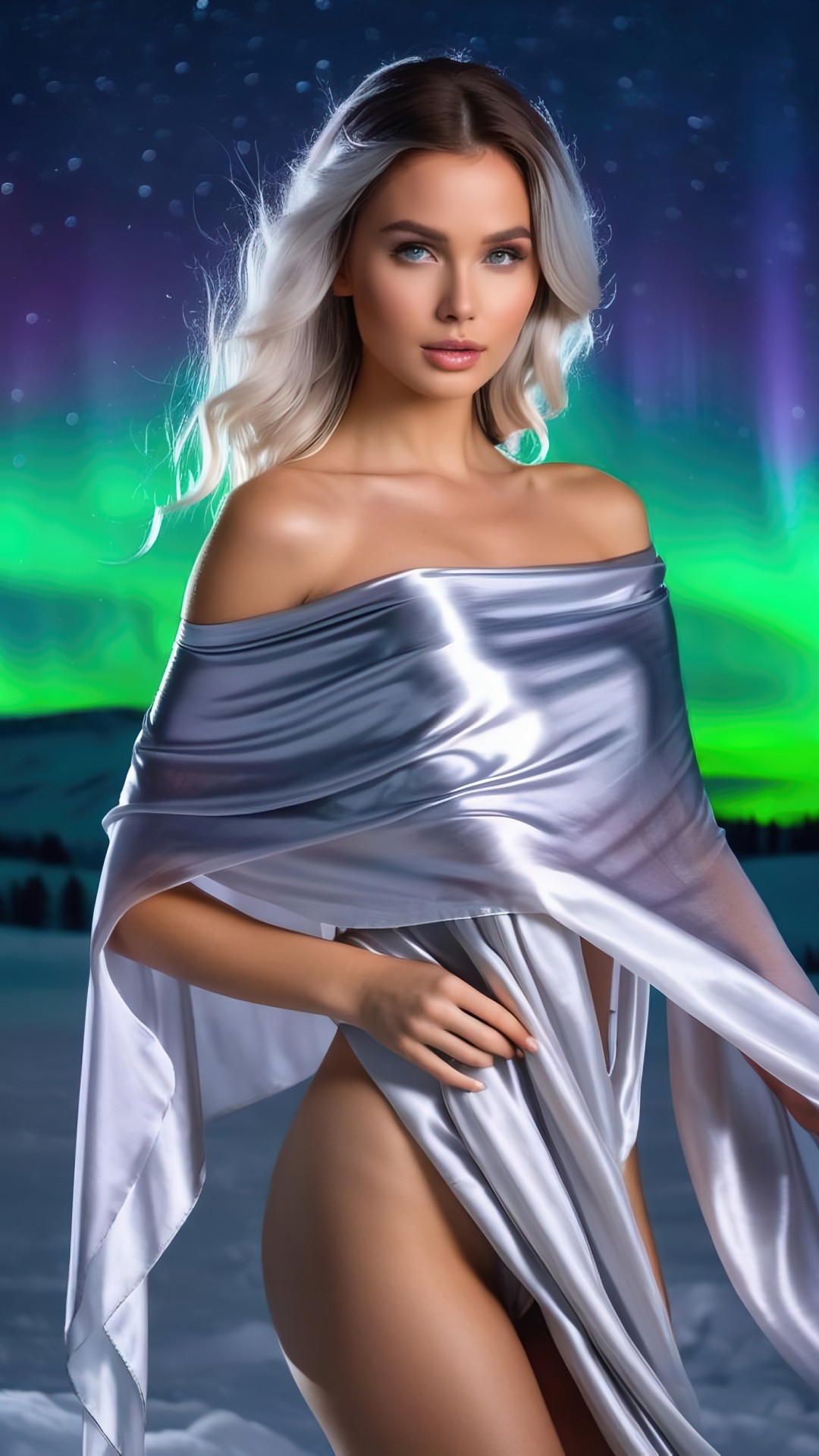Blonde woman with silver silk scarf