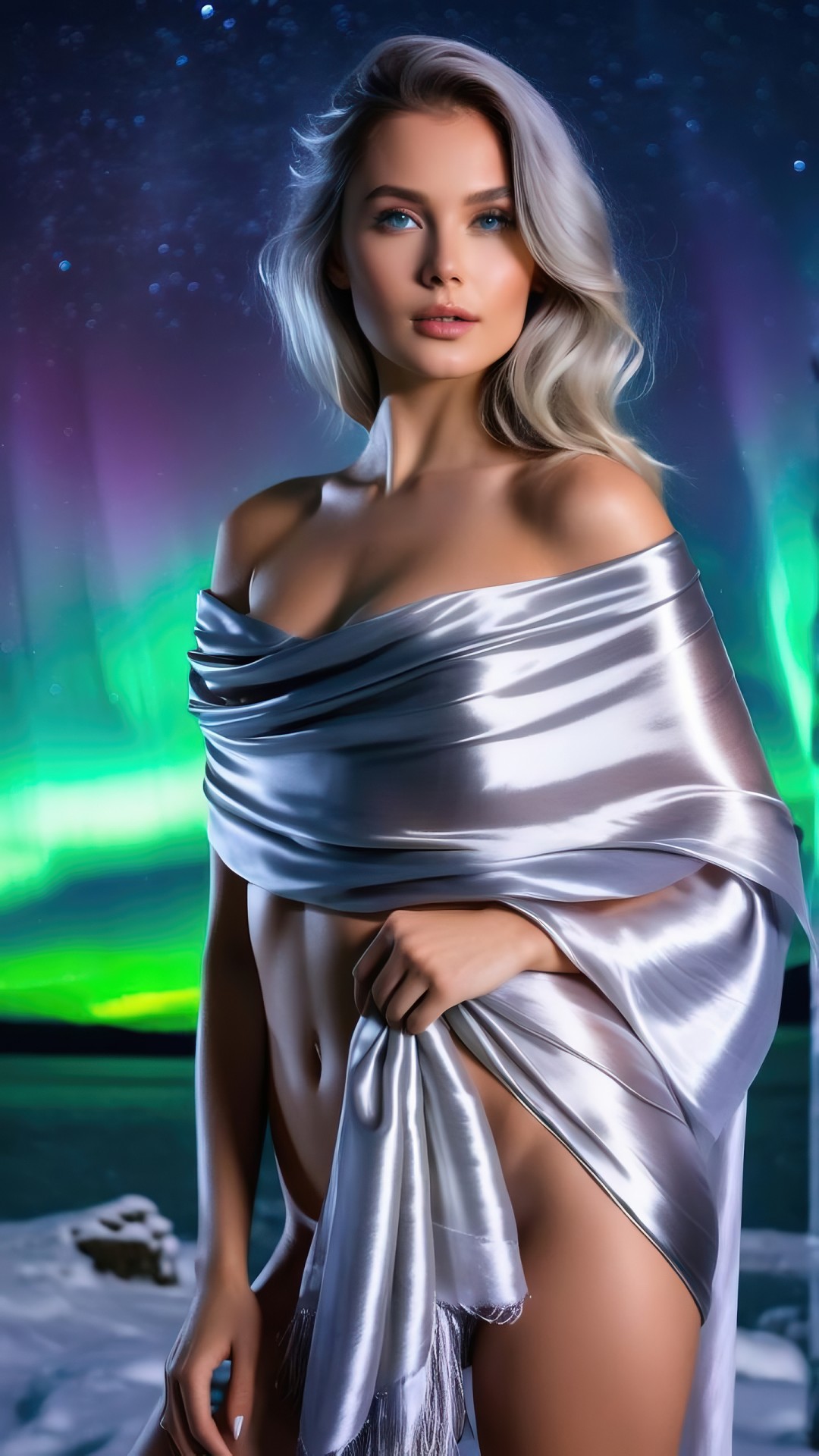 Blonde woman with silver silk scarf