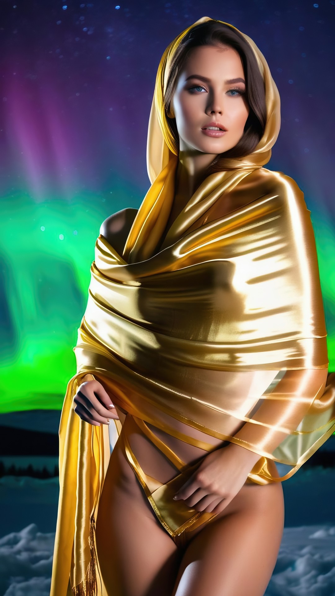 Brunette woman with golden silk scarf