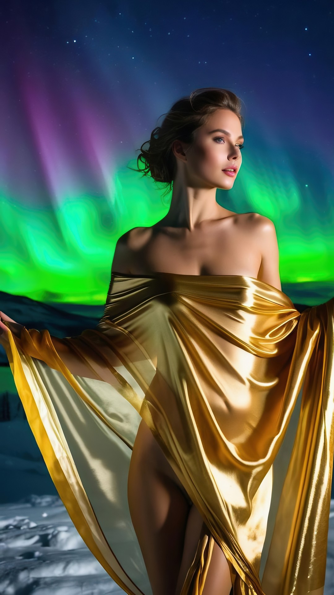 Brunette woman with golden silk scarf