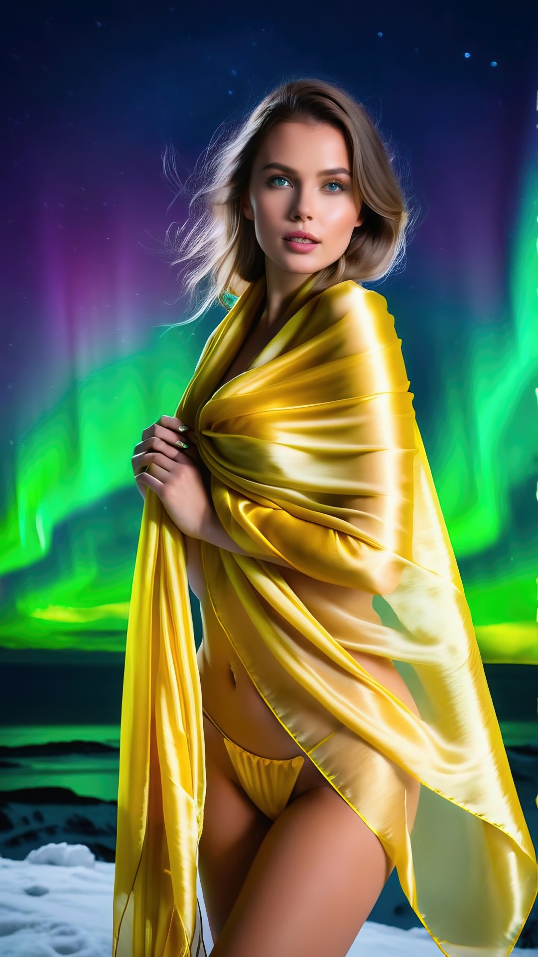 Brunette woman with golden silk scarf