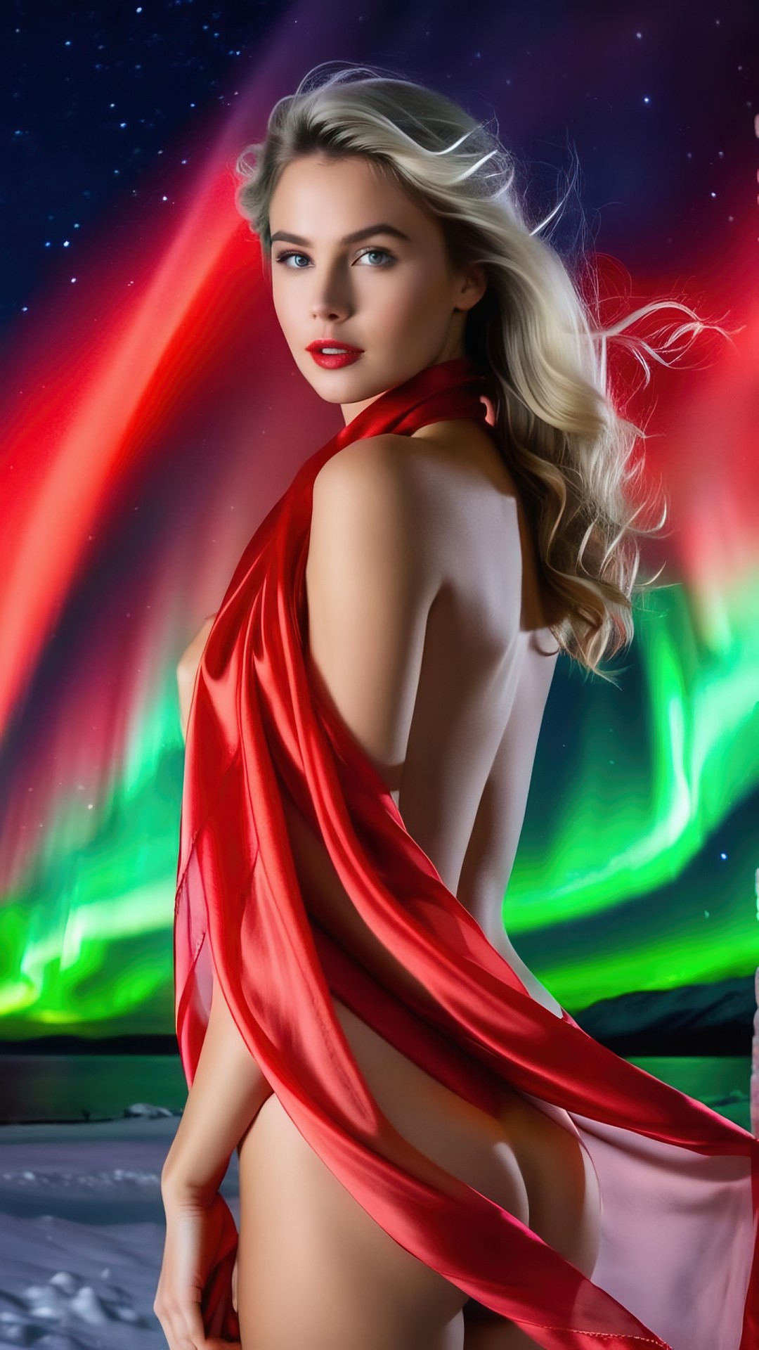 Brunette woman with red silk scarf