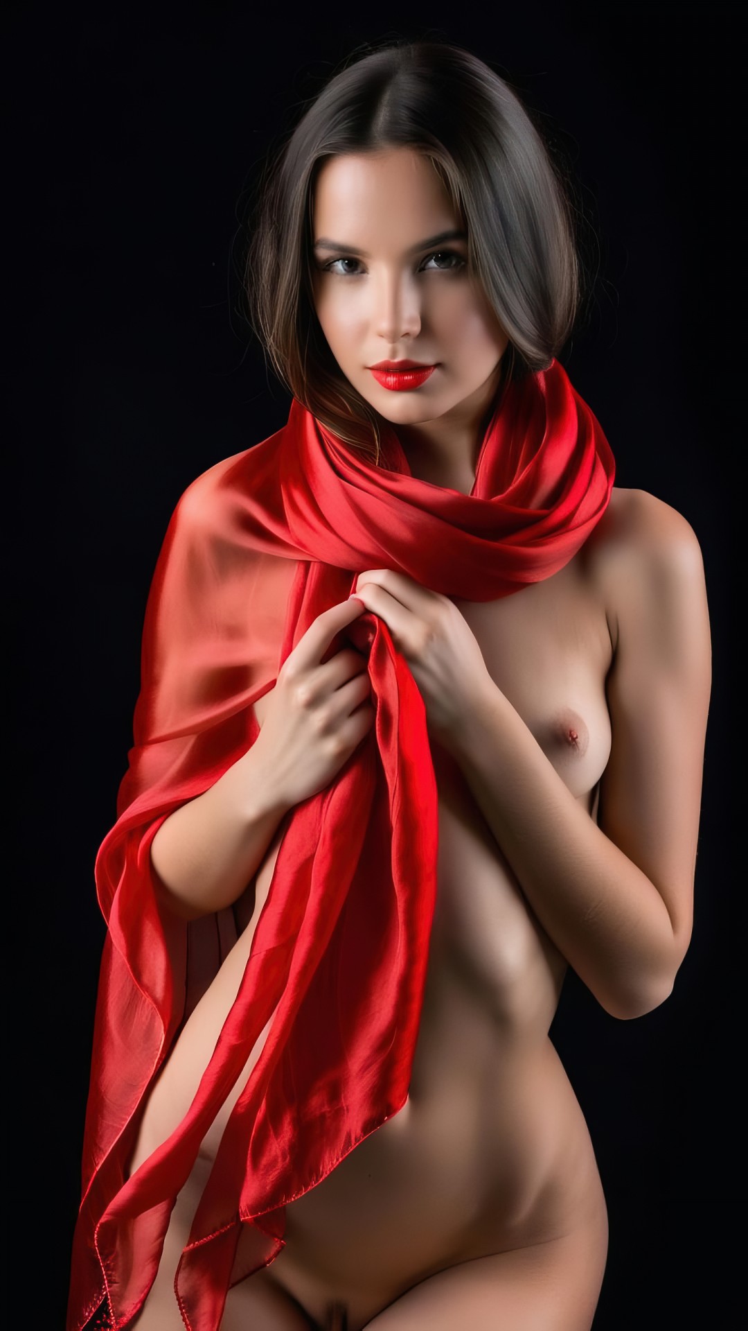 Nude brunette woman with red silk scarf