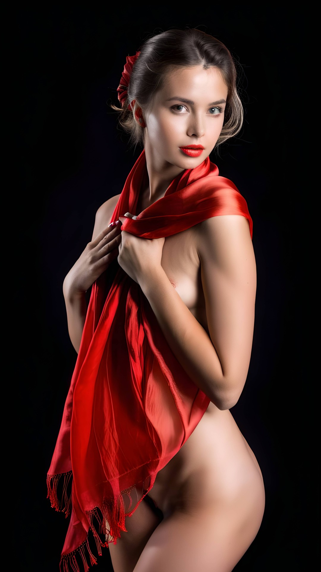 Nude brunette woman with red silk scarf