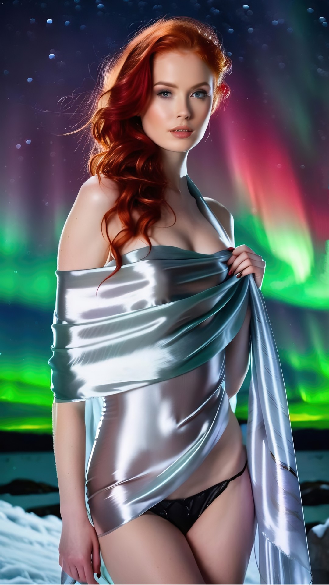 Redhead woman with silver silk scarf