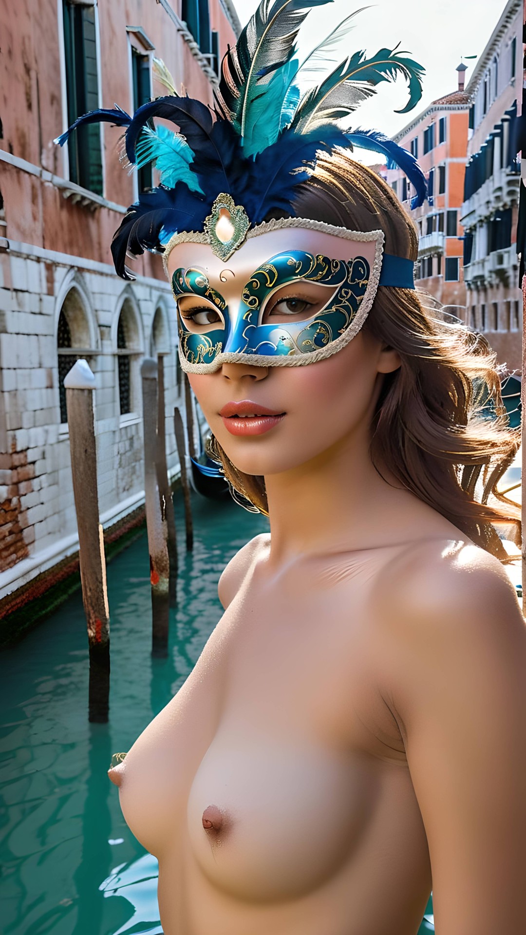 Topless woman with venetian carnival mask