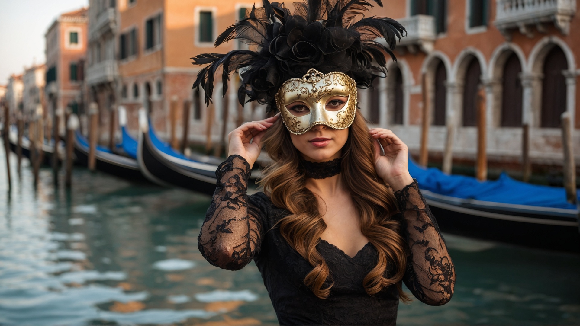 Italian woman with venetian mask in Venice