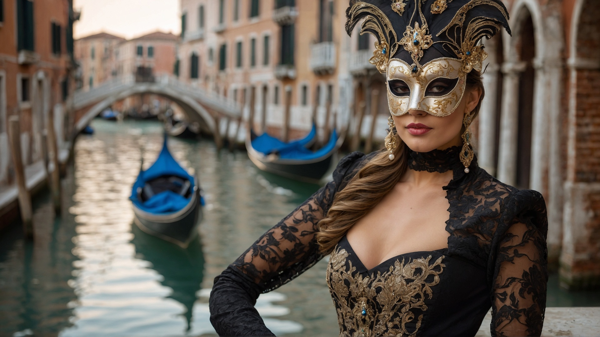Italian woman with venetian mask in Venice