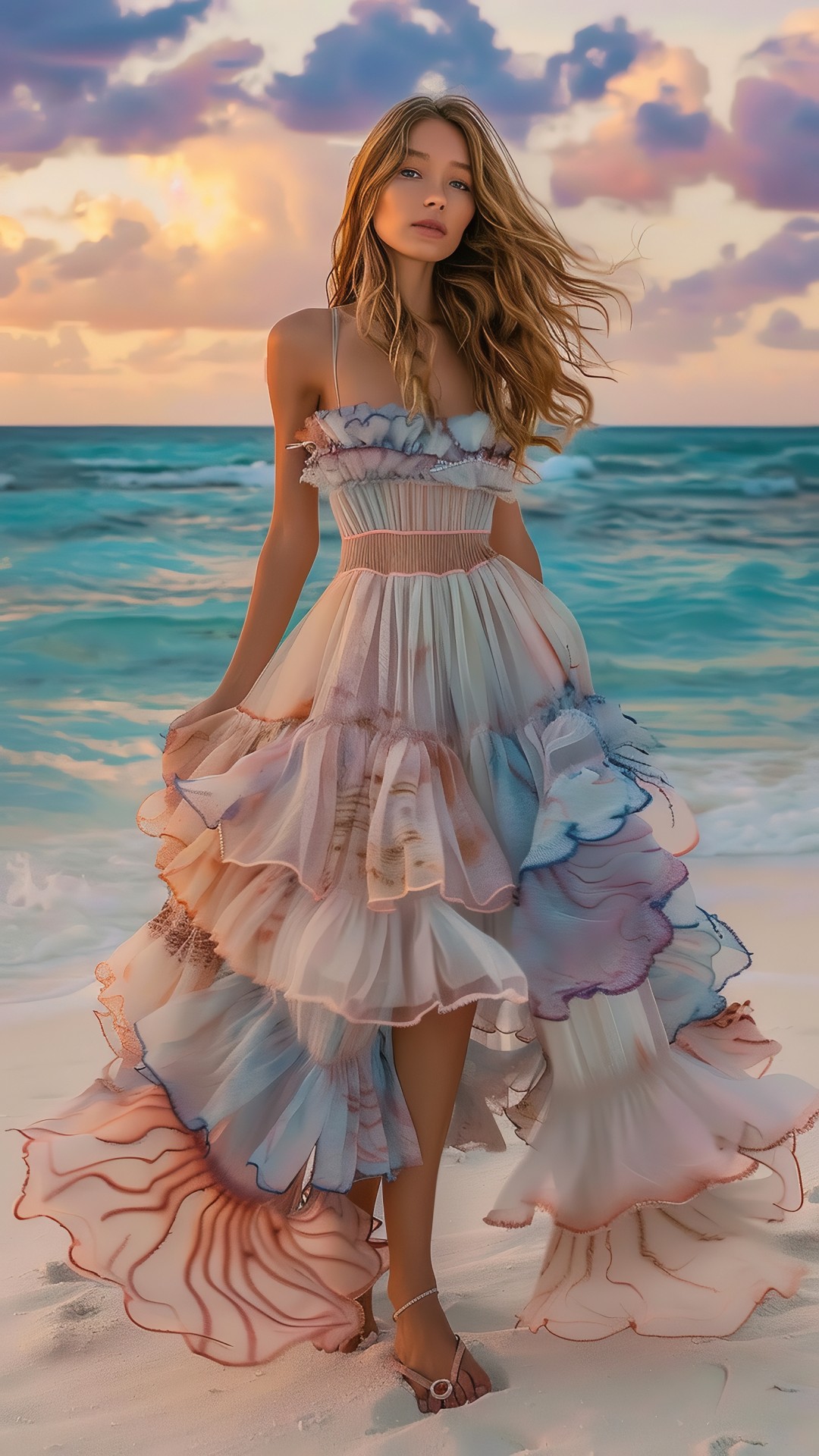 Woman with long dress on the beach