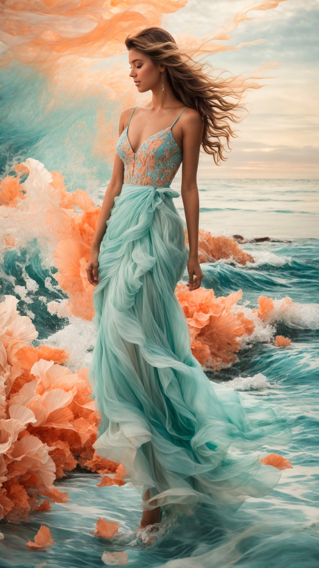 Woman with long dress on the beach