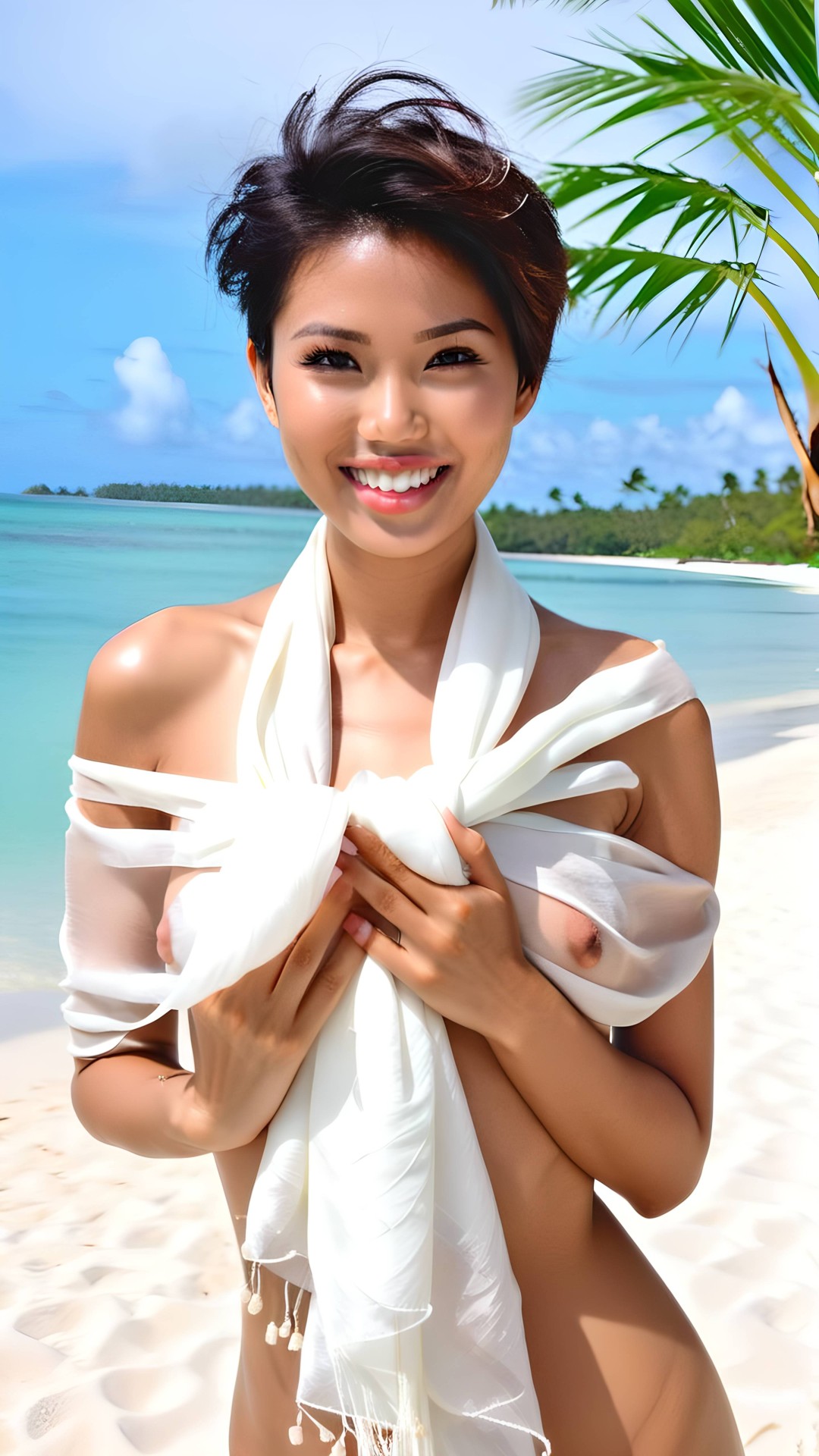 Stunning asian woman with white silk scarf on the beach