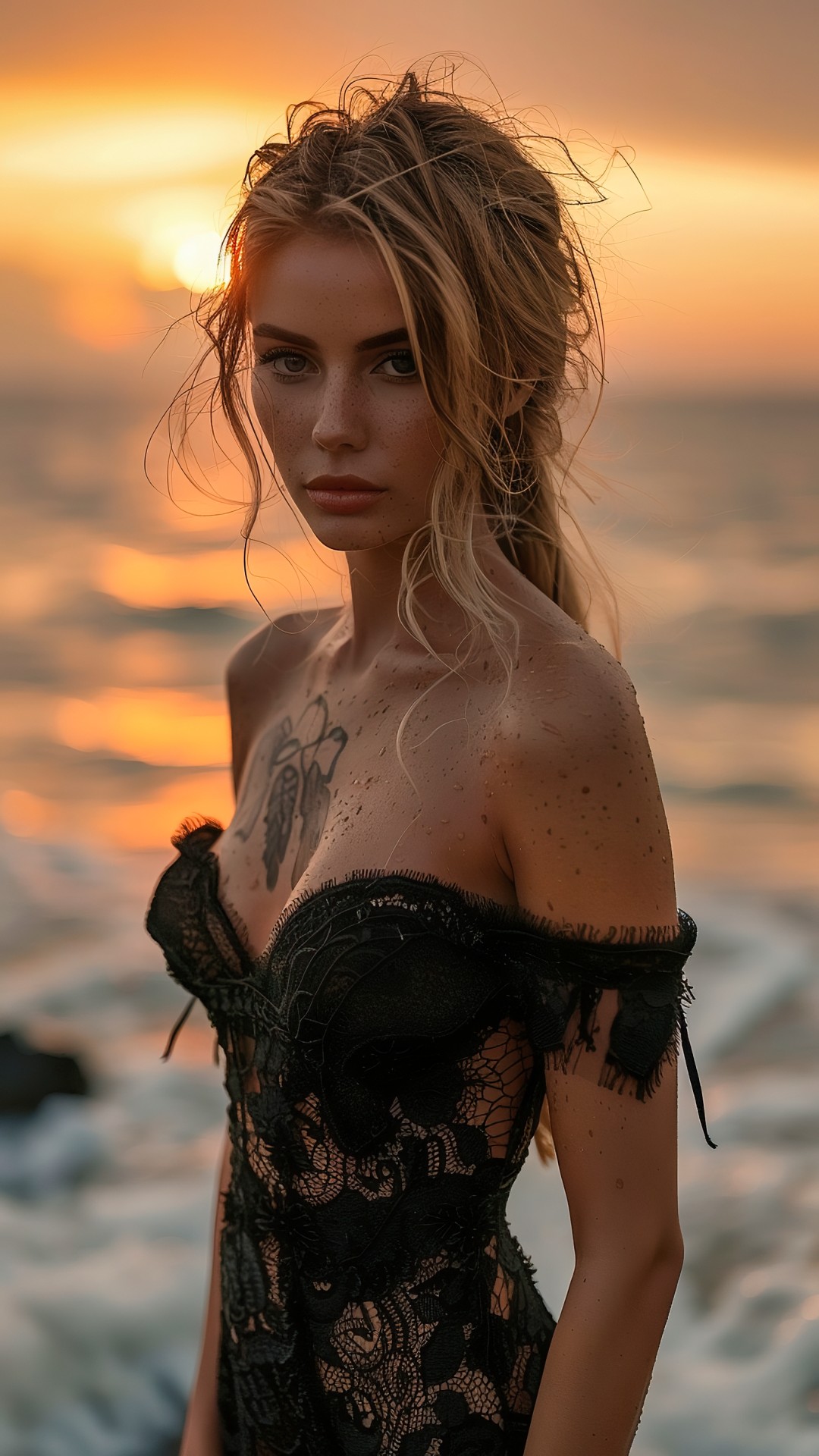 Blonde woman on the beach at sunset