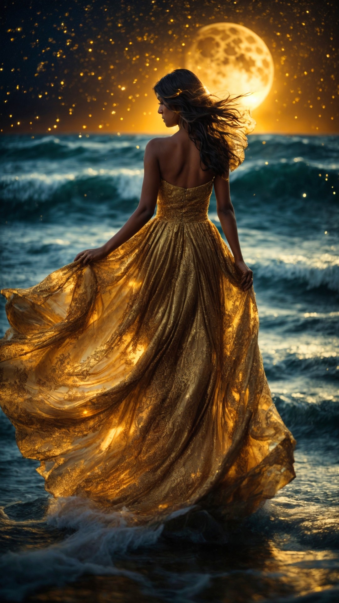 Woman with elegant golden dress on the beach