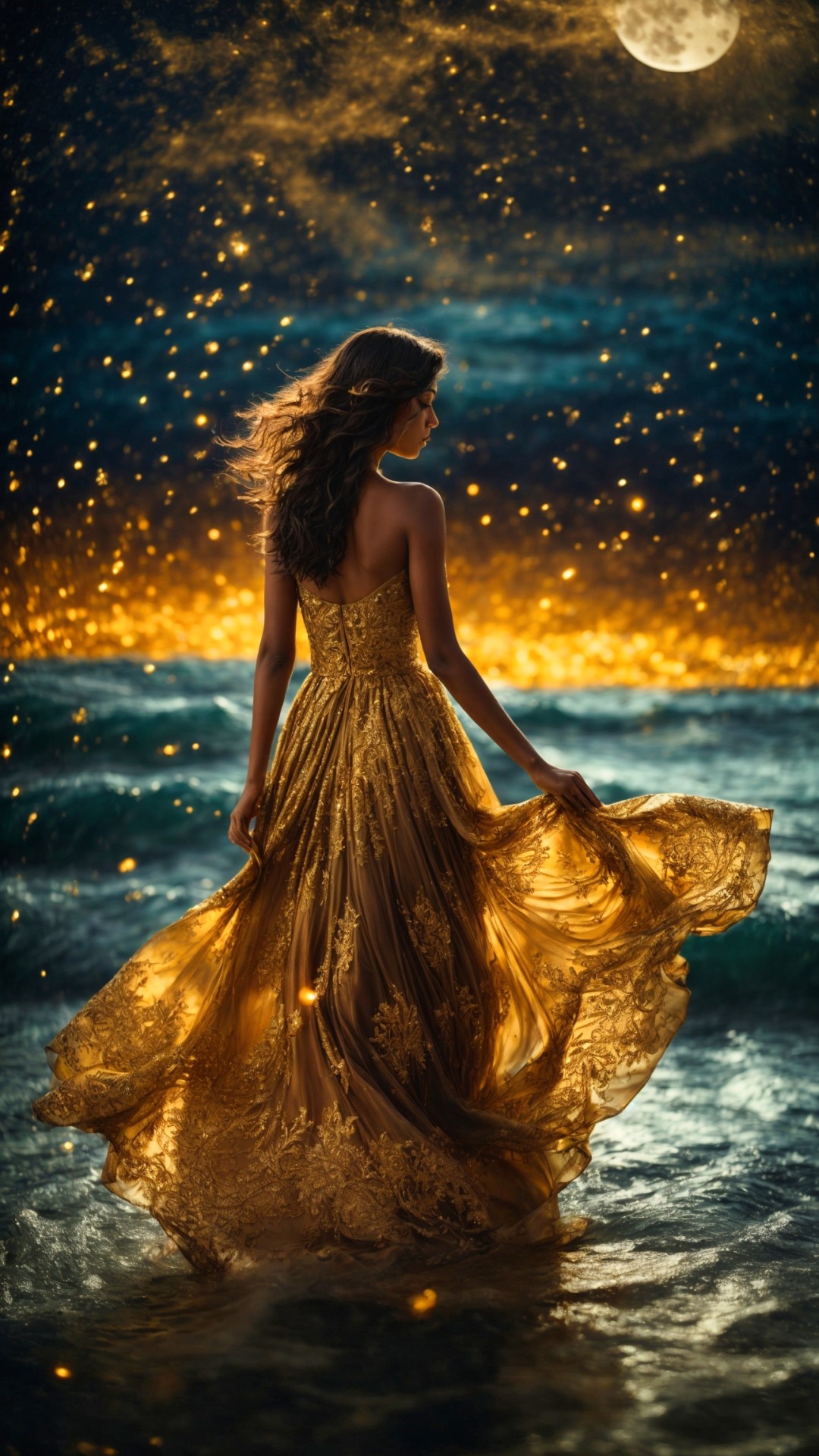 Woman with elegant golden dress on the beach