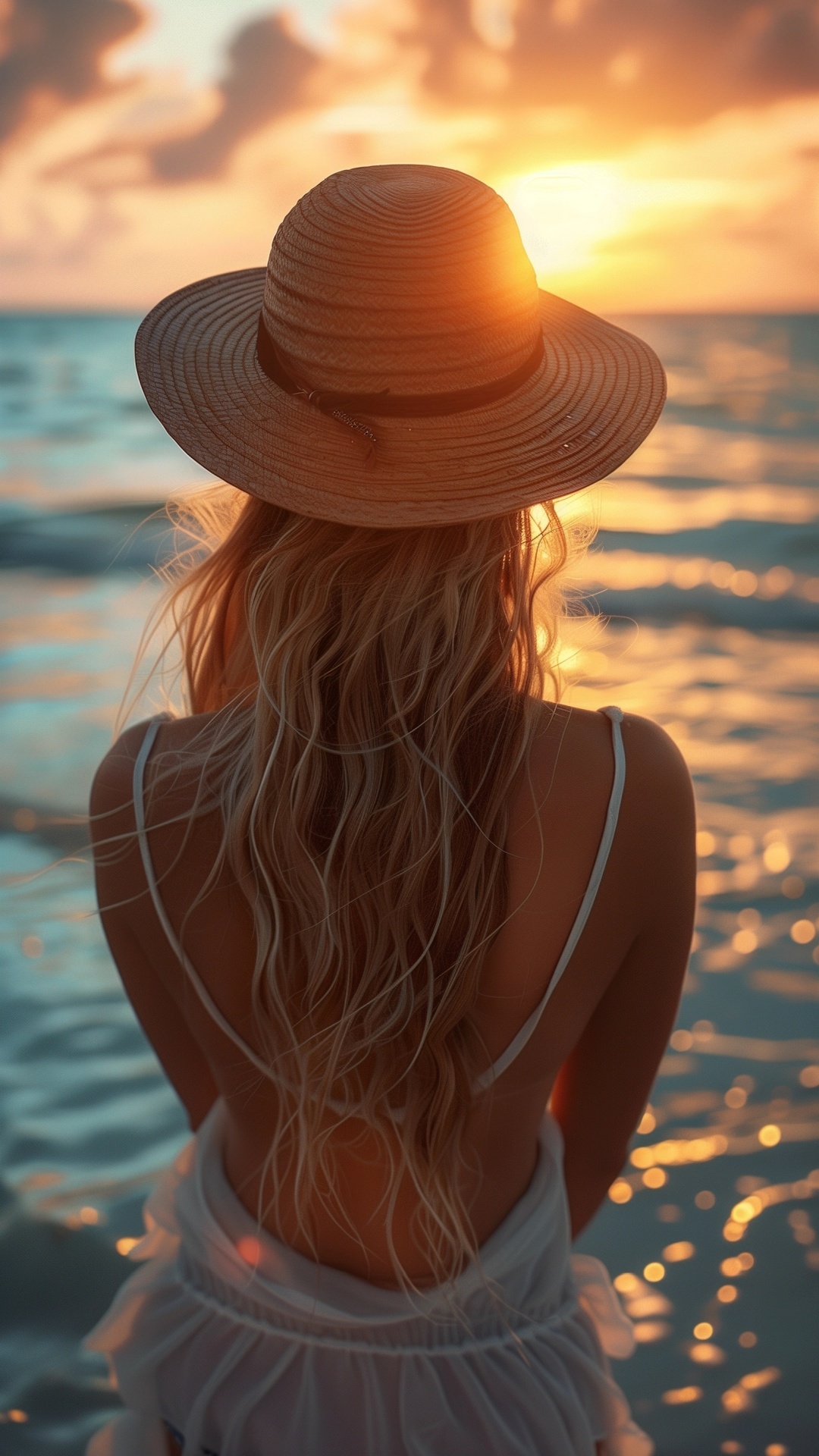 Blonde woman with hat on caribbean beach at sunset