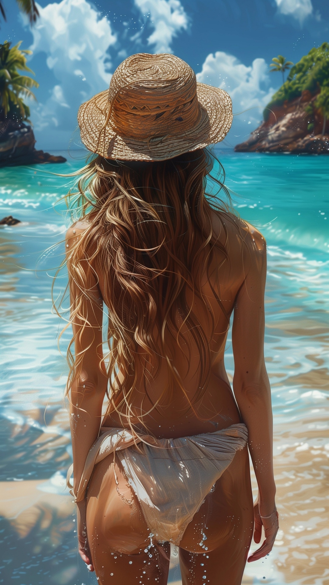 Blonde woman with hat on caribbean palm beach